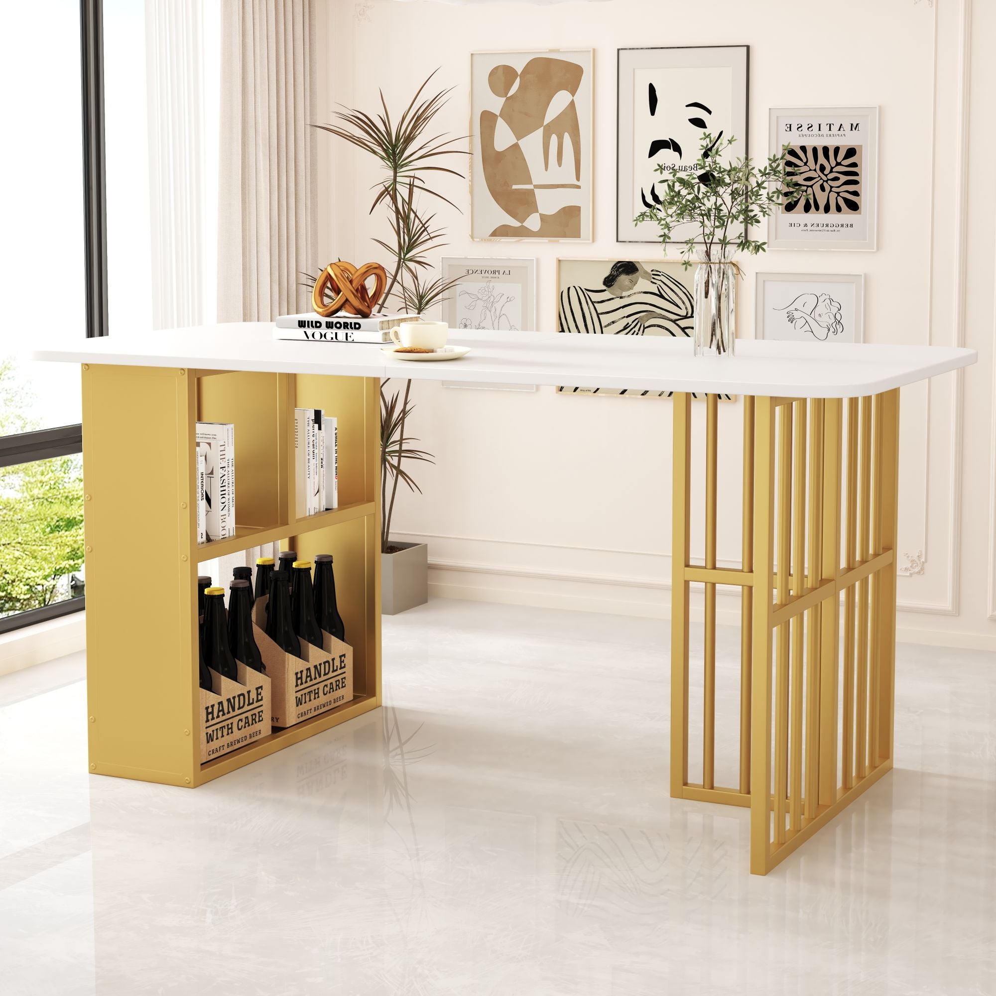 Logidon eetkamertafel 160x80 wit met opbergruimte goud frame