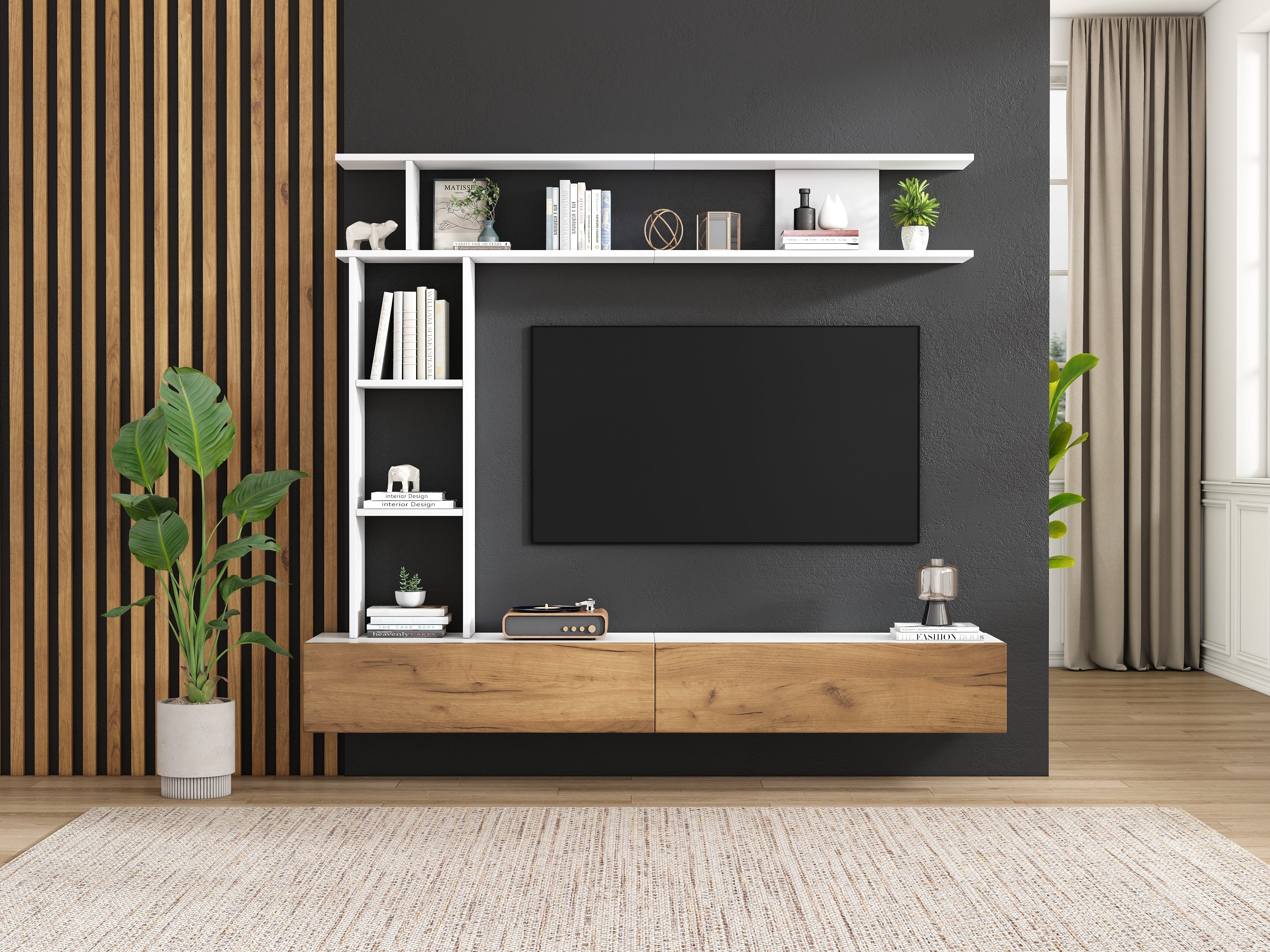 Logidon TV wandmeubel 180 cm wit houtlook met vitrinekasten