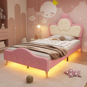Logidon gestoffeerd bed kinderbed roze wit 90x200 met kroonhoofdbord