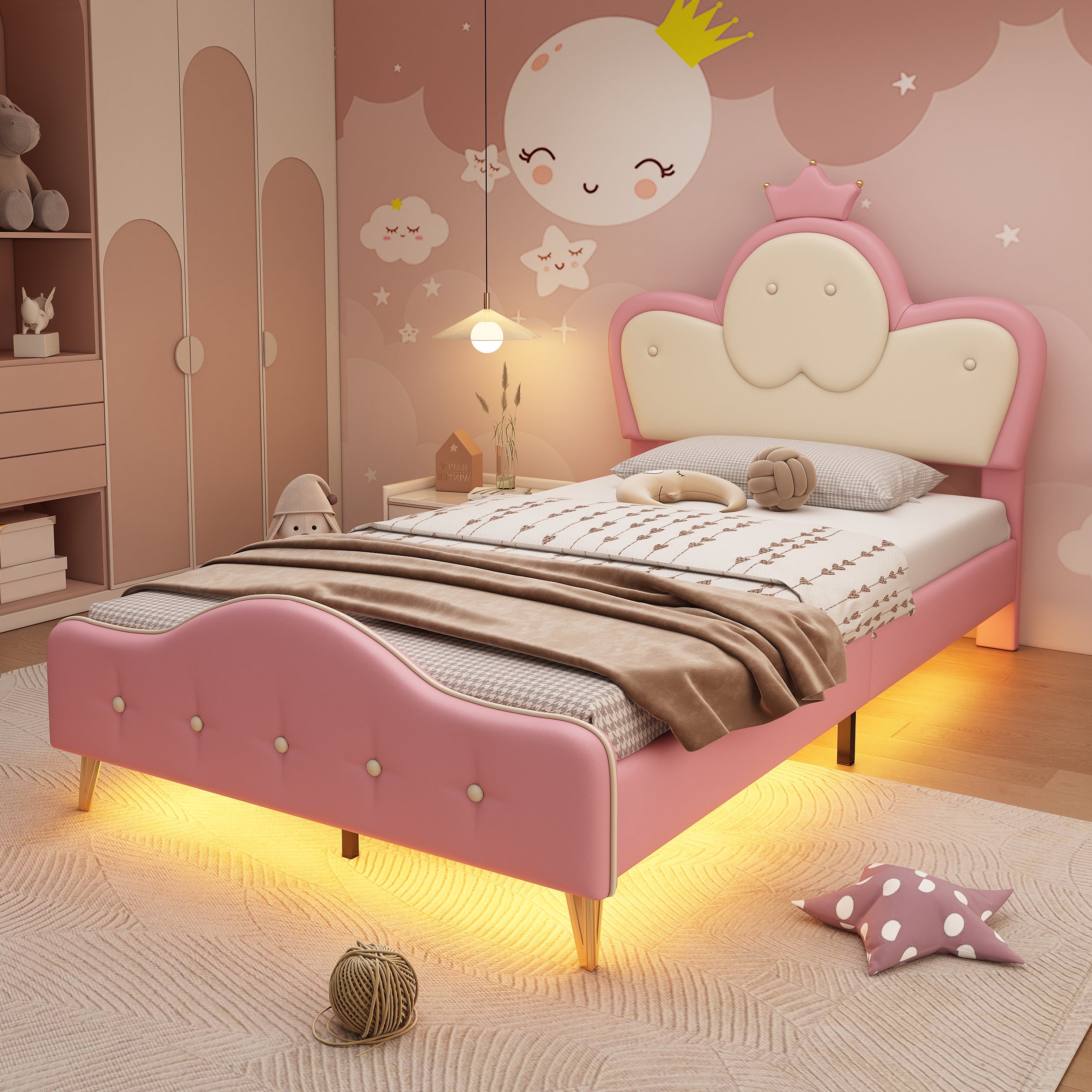 Logidon gestoffeerd bed kinderbed roze wit 90x200 met kroonhoofdbord