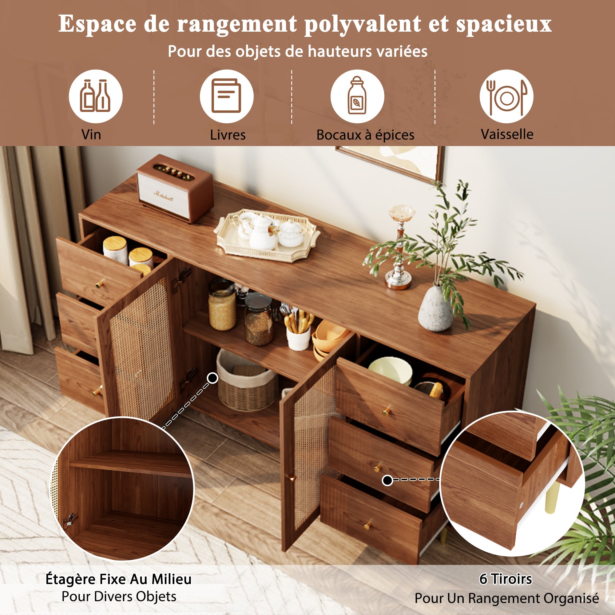 Logidon Rotan Dressoir Bruin 160x40x90 cm met Lade