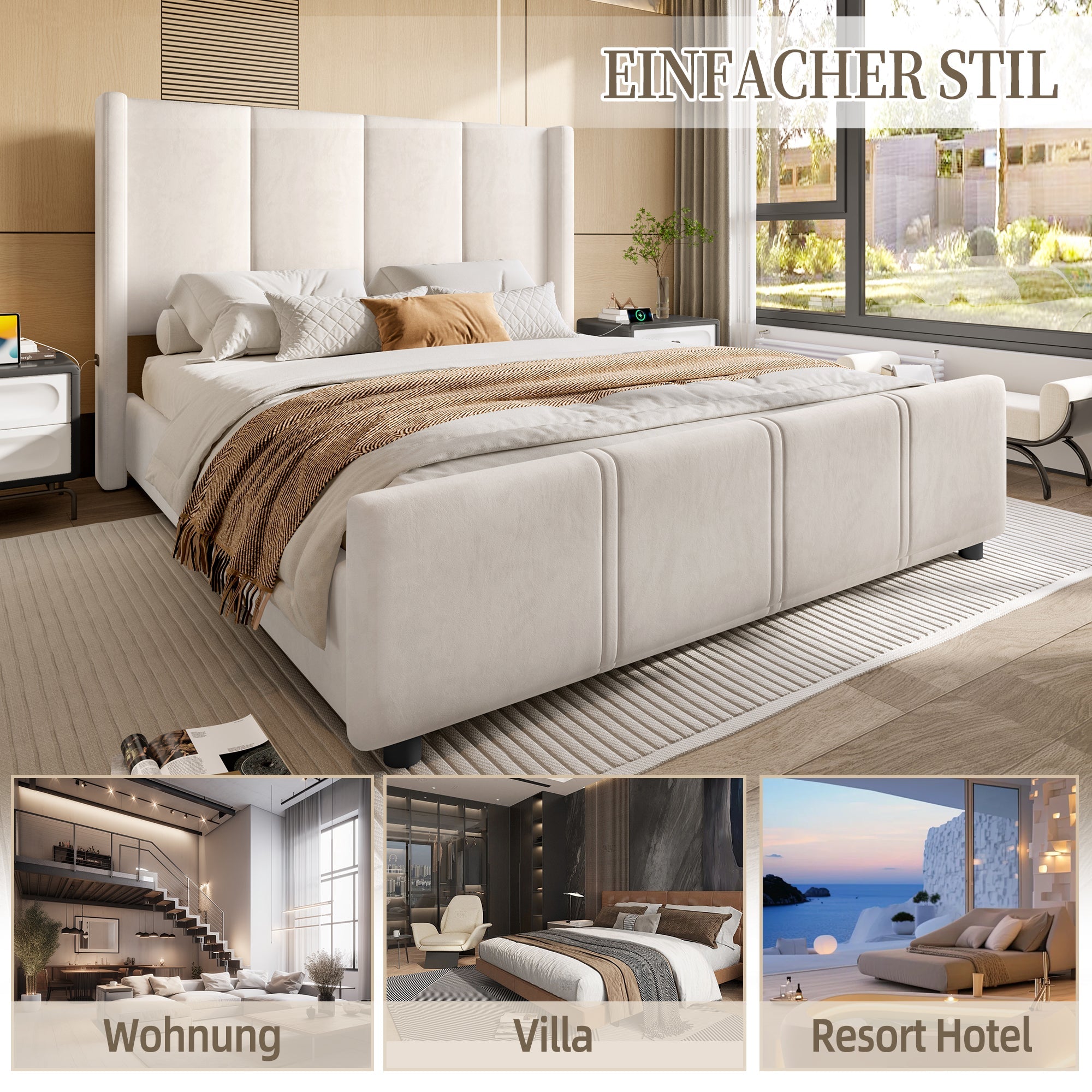 Logidon stoffen bedframe 140x190 beige velours USB-aansluiting