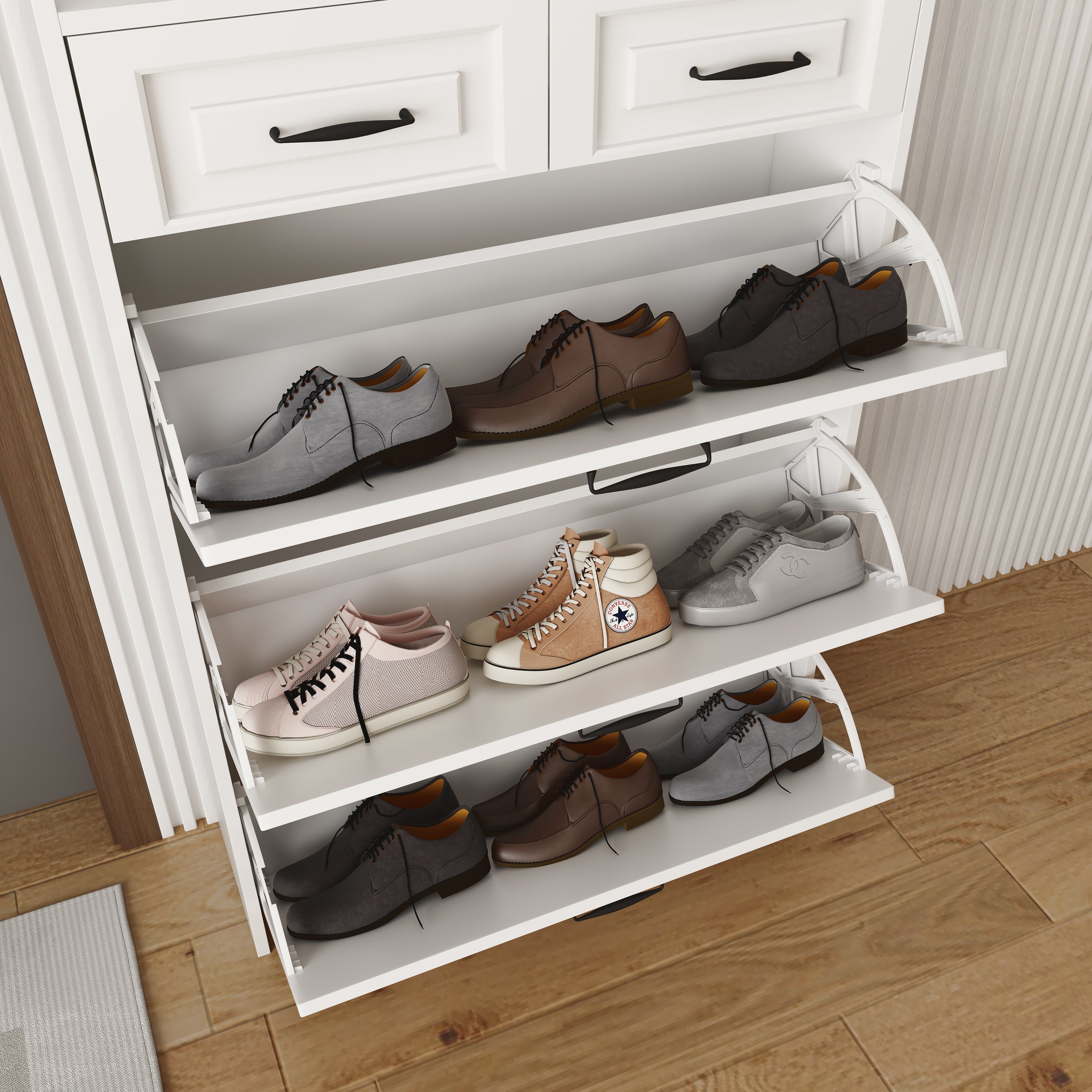 Logidon schoenenkast wit hout met drie kleppen en twee lades