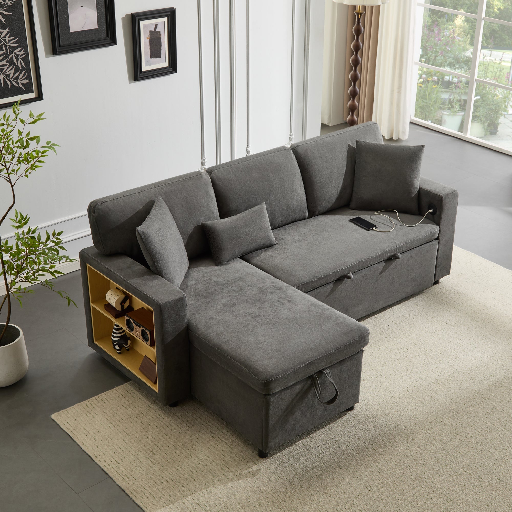 Logidon Corner Sofa Gray Extendable Bed With Bed Box Shelf 214x131