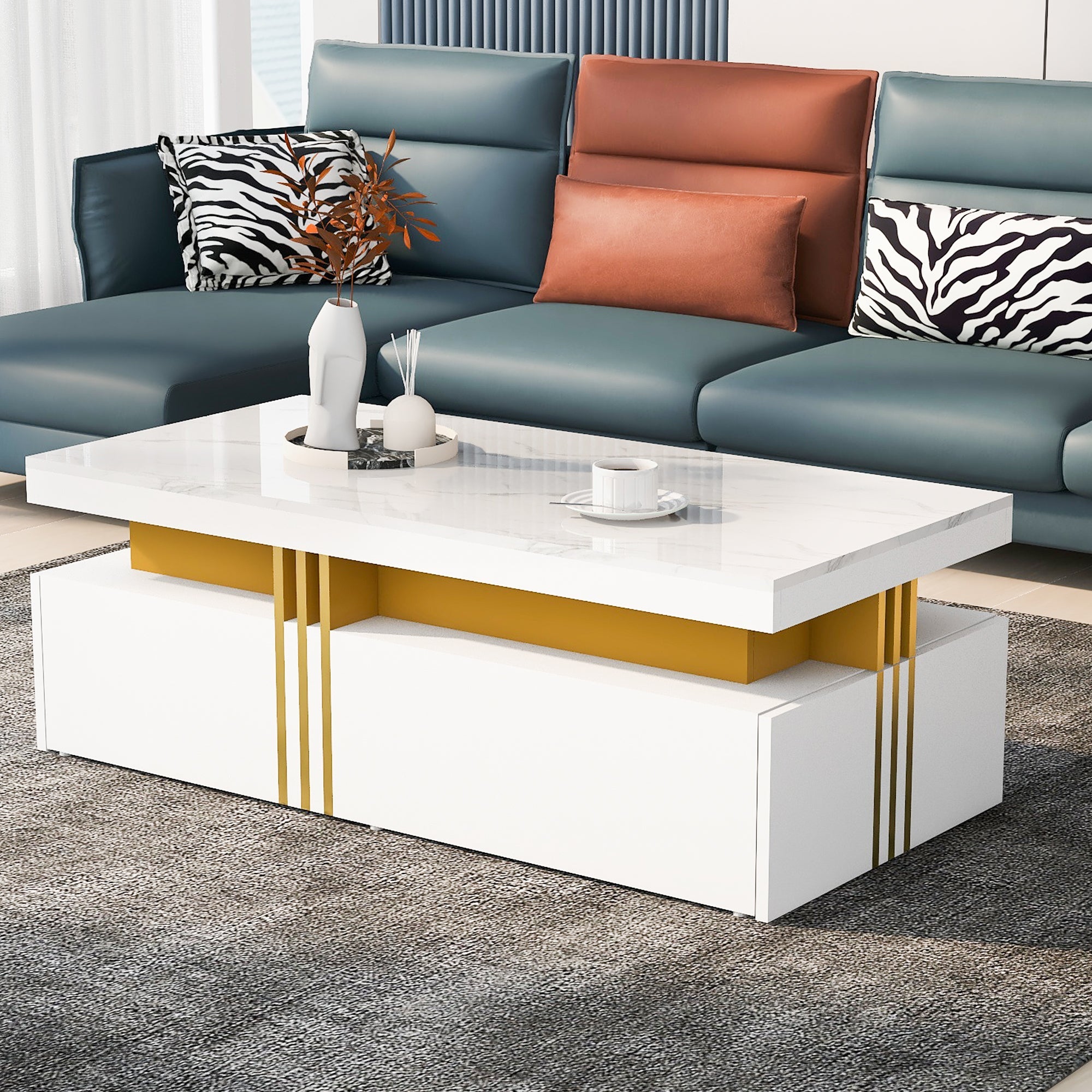 Logidon Modern coffee table high gloss top, 2 drawers, 100x50 cm