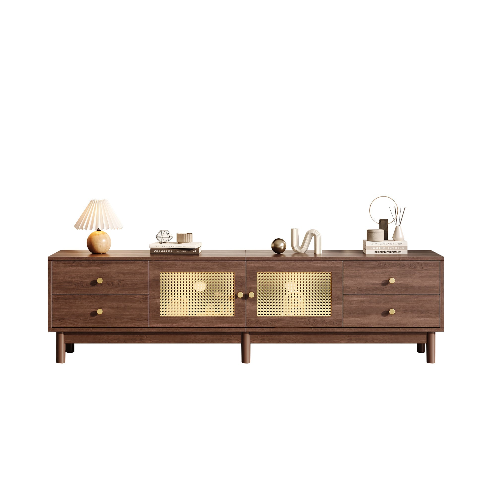 Logidon TV cabinet 180 cm dark wood look rattan doors cable management