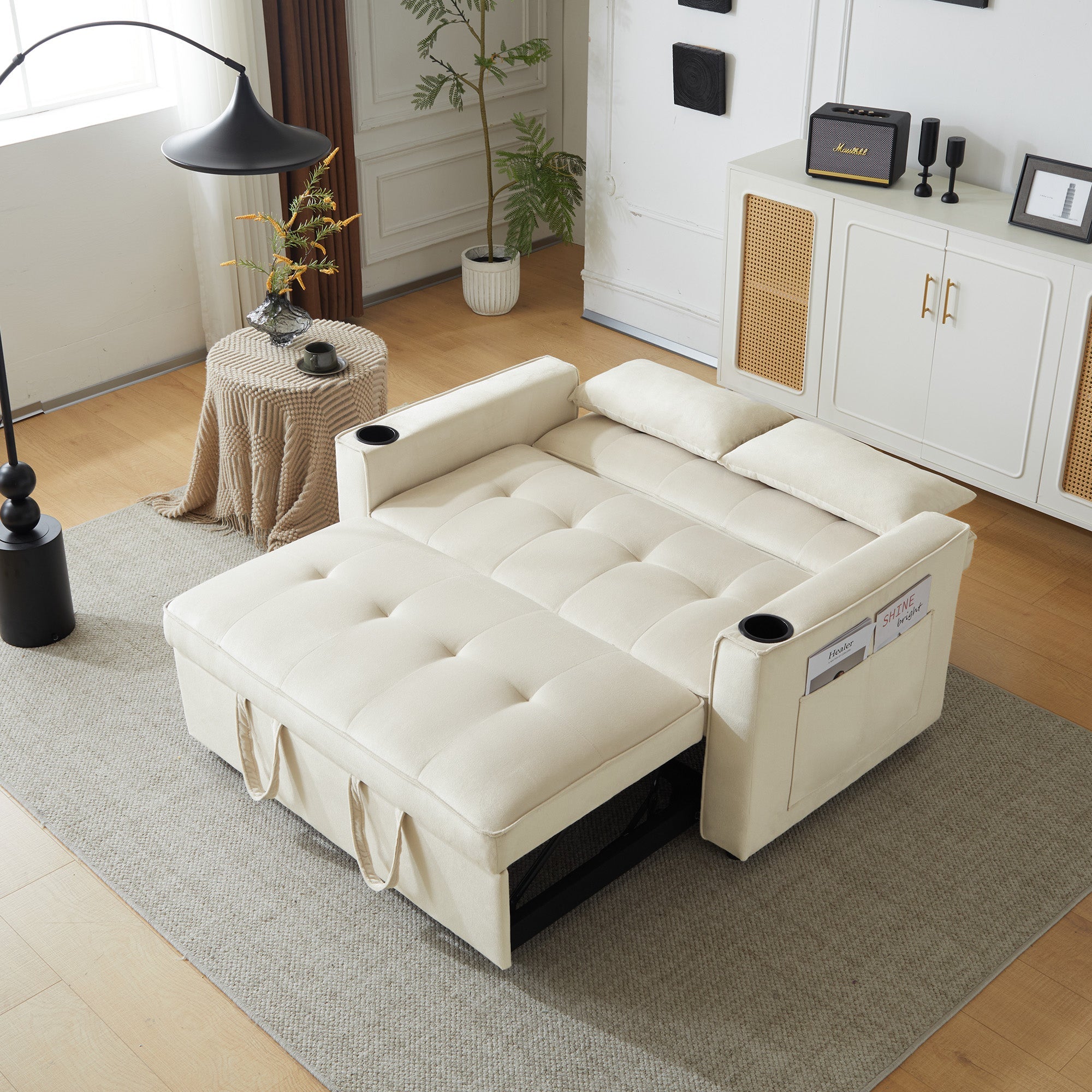 Logidon slaapbank beige fluweel met bekerhouder en kussen