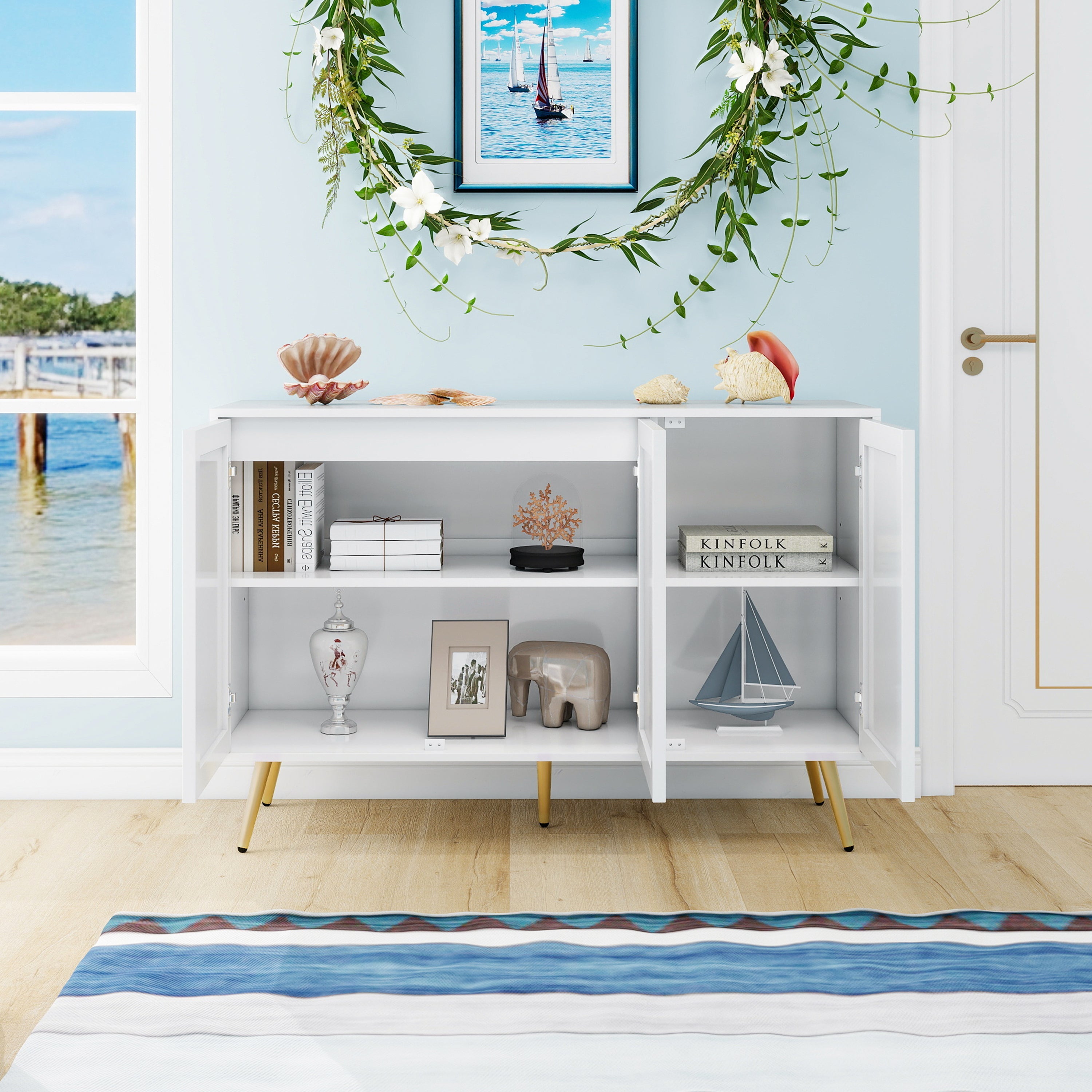 Logidon dressoir 3 deuren wit met 3D-snijpatroon en gouden poten