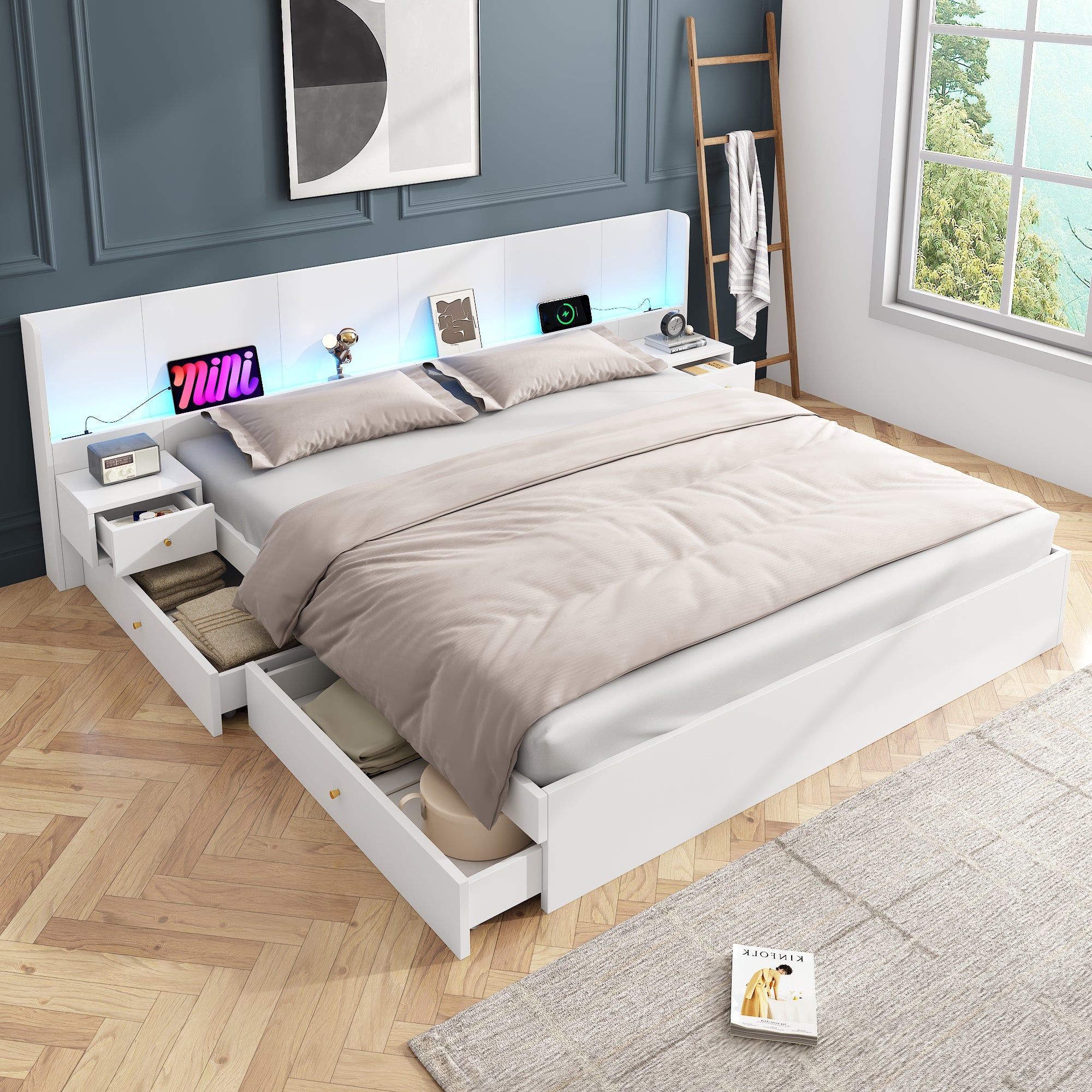 Logidon tweepersoonsbed 180x200 cm wit met USB LED app bediening