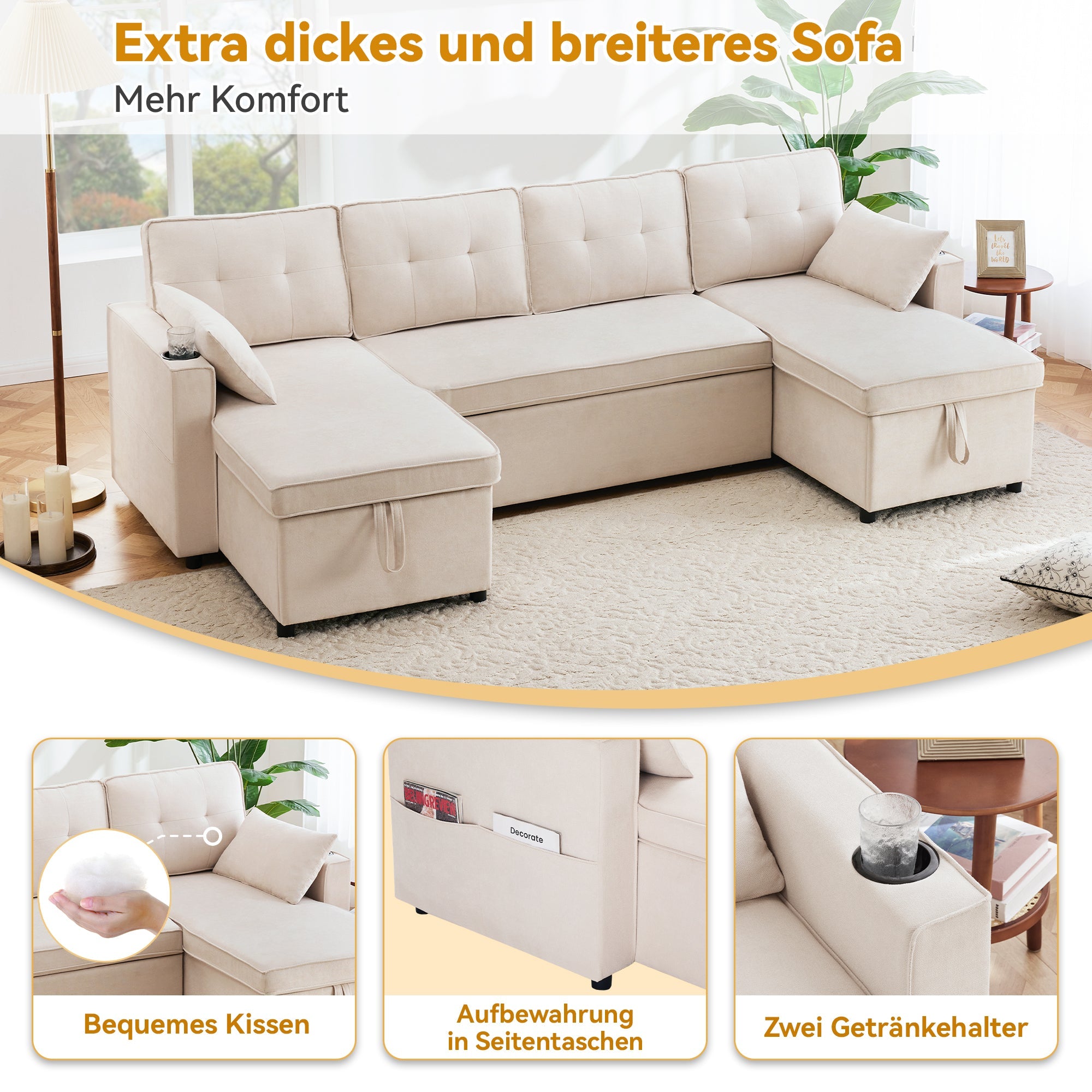 Logidon U-vormige slaapbank, beige stof, grote 4-zits bekerhouder