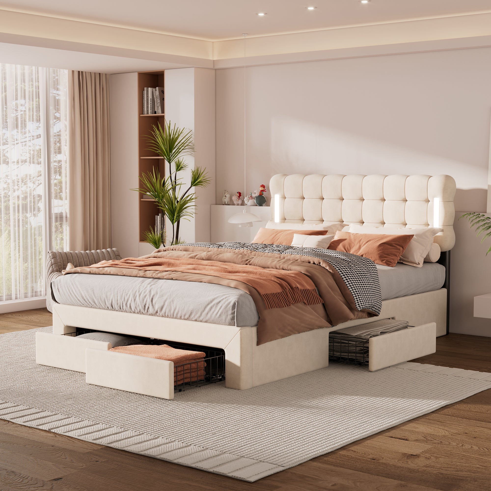 Logidon Flat Bed 140x200 Beige Velvet With Lighting And 4 Drawers