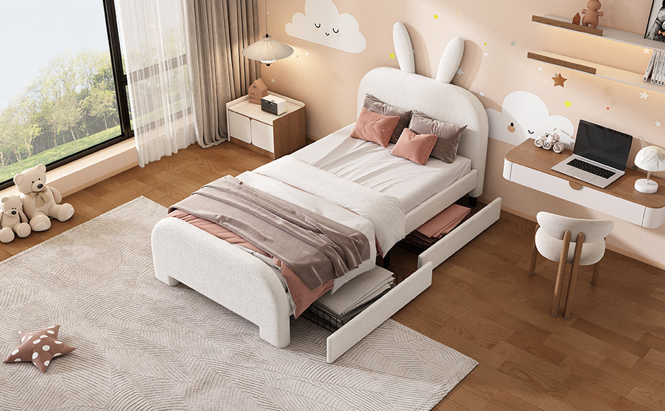 Logidon Flat Bed 90x200 cm Rabbit Shape White With 2 Drawers