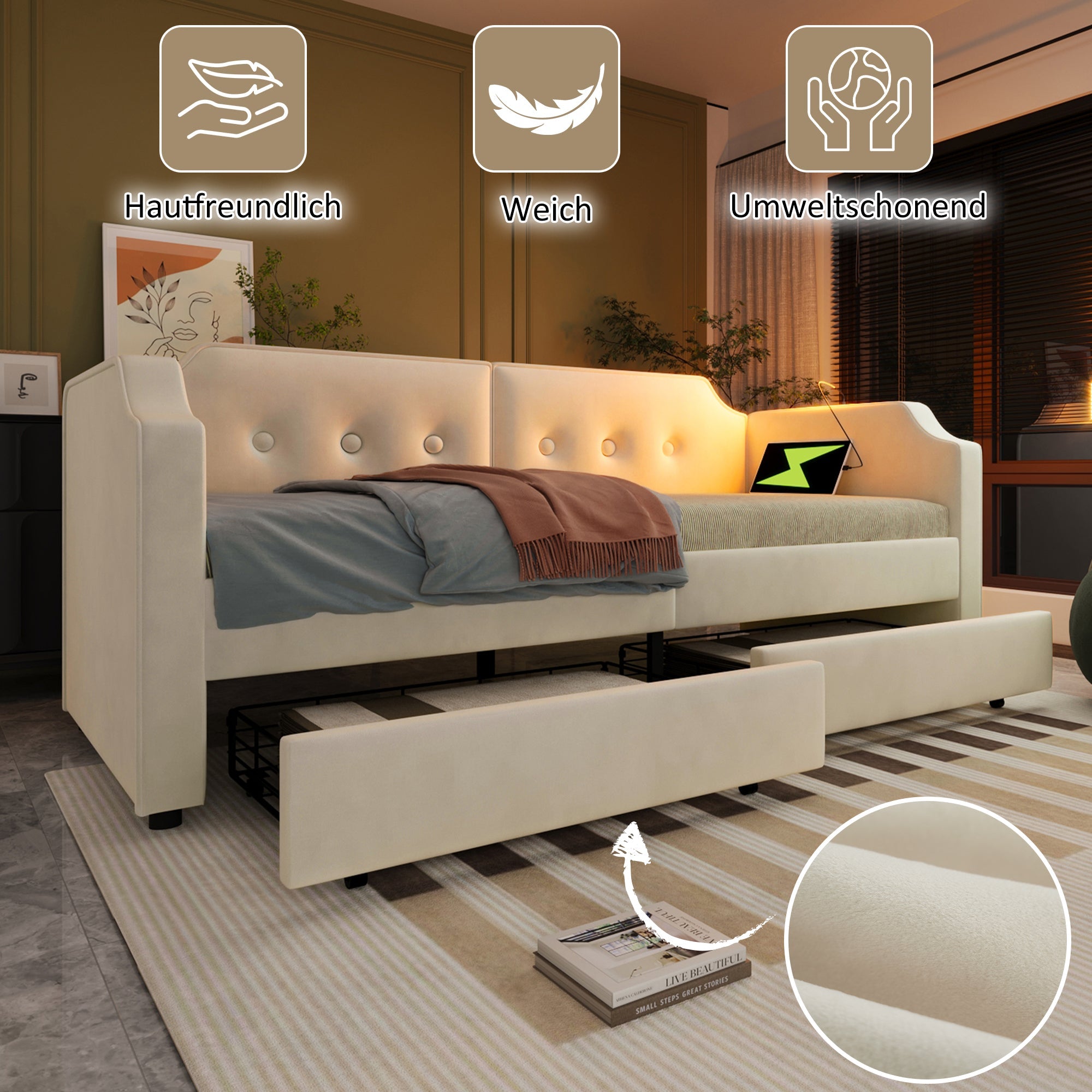 Logidon gestoffeerd bed 90x200 cm beige fluweel met USB-C oplaadpunt leeslampje
