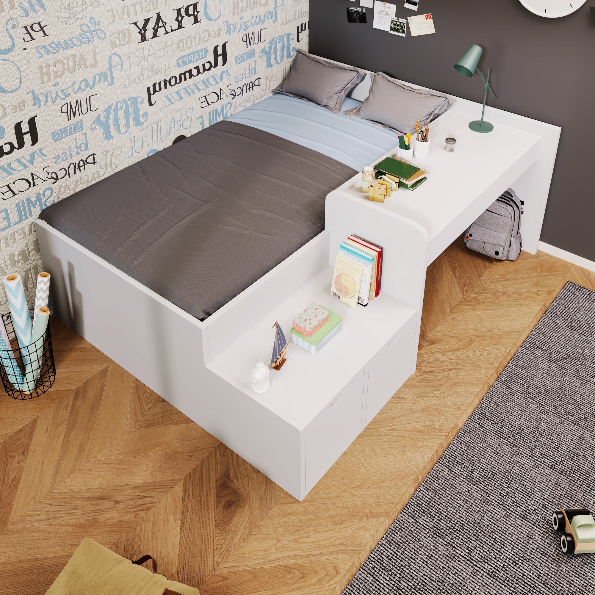 Logidon kinderbed 90x200 massief hout wit met bureau en opbergruimte