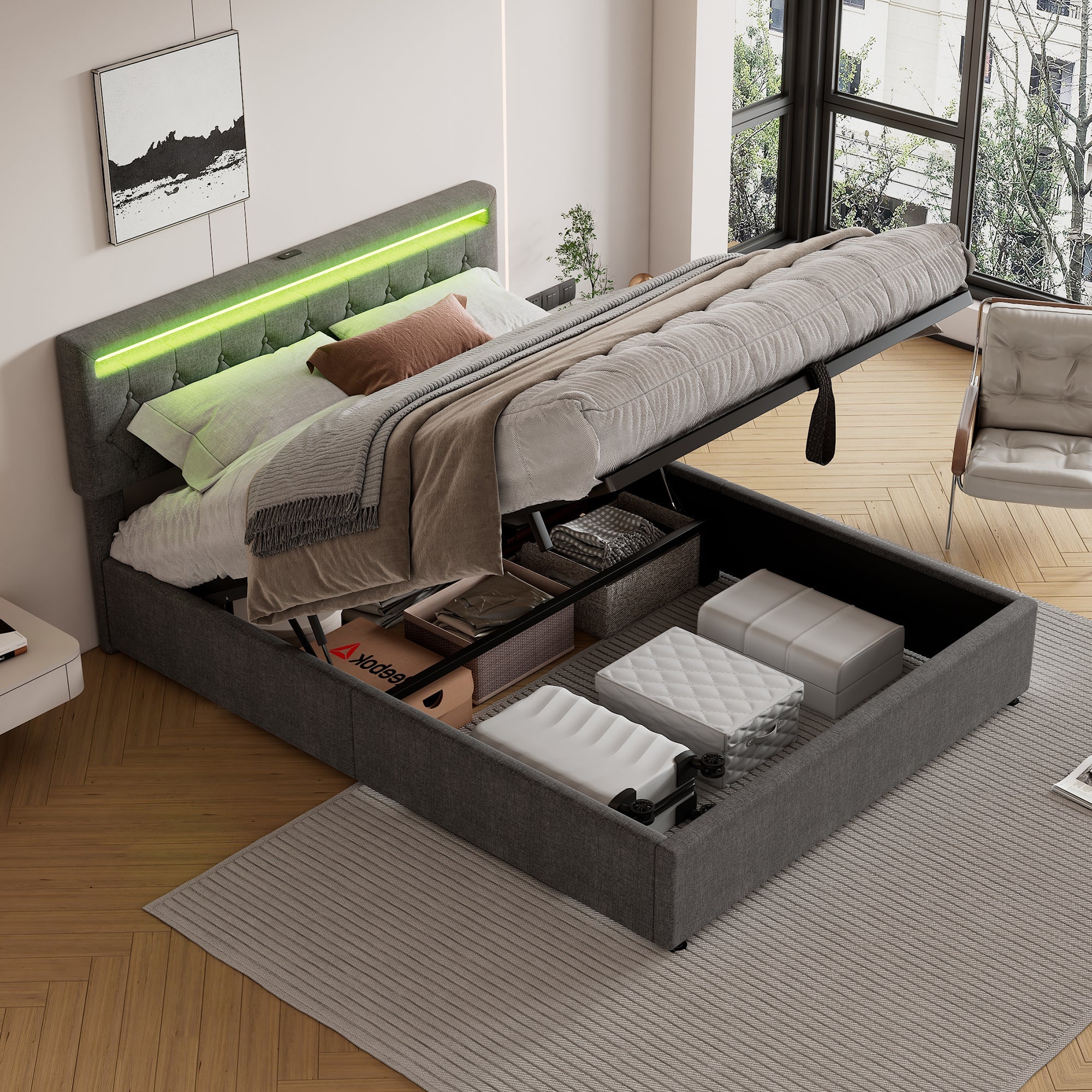Logidon grijs gestoffeerd bed 160x200 cm met LED Ambient USB-C