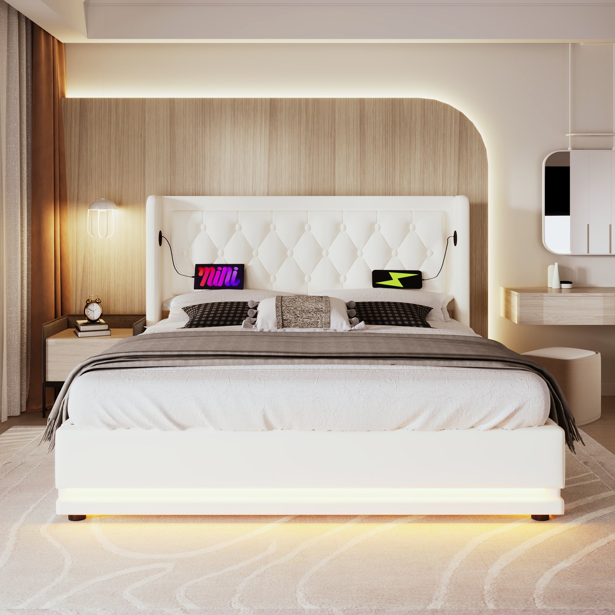 Logidon gestoffeerd bed 160x200 cm wit PU met USB Type C oplaadfunctie