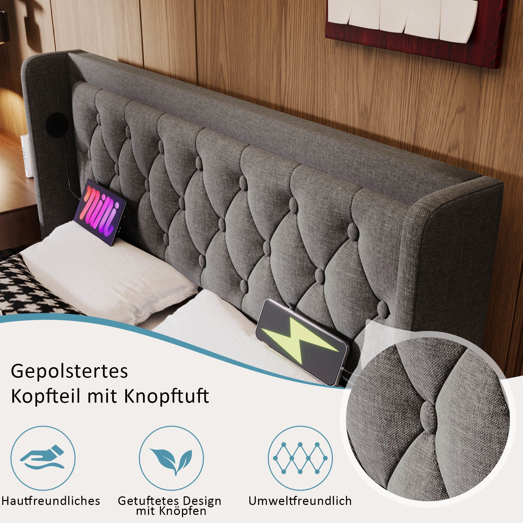 Logidon gestoffeerd bed 160x200 cm grijs fluweel opbergruimte USB-C oplaadfunctie