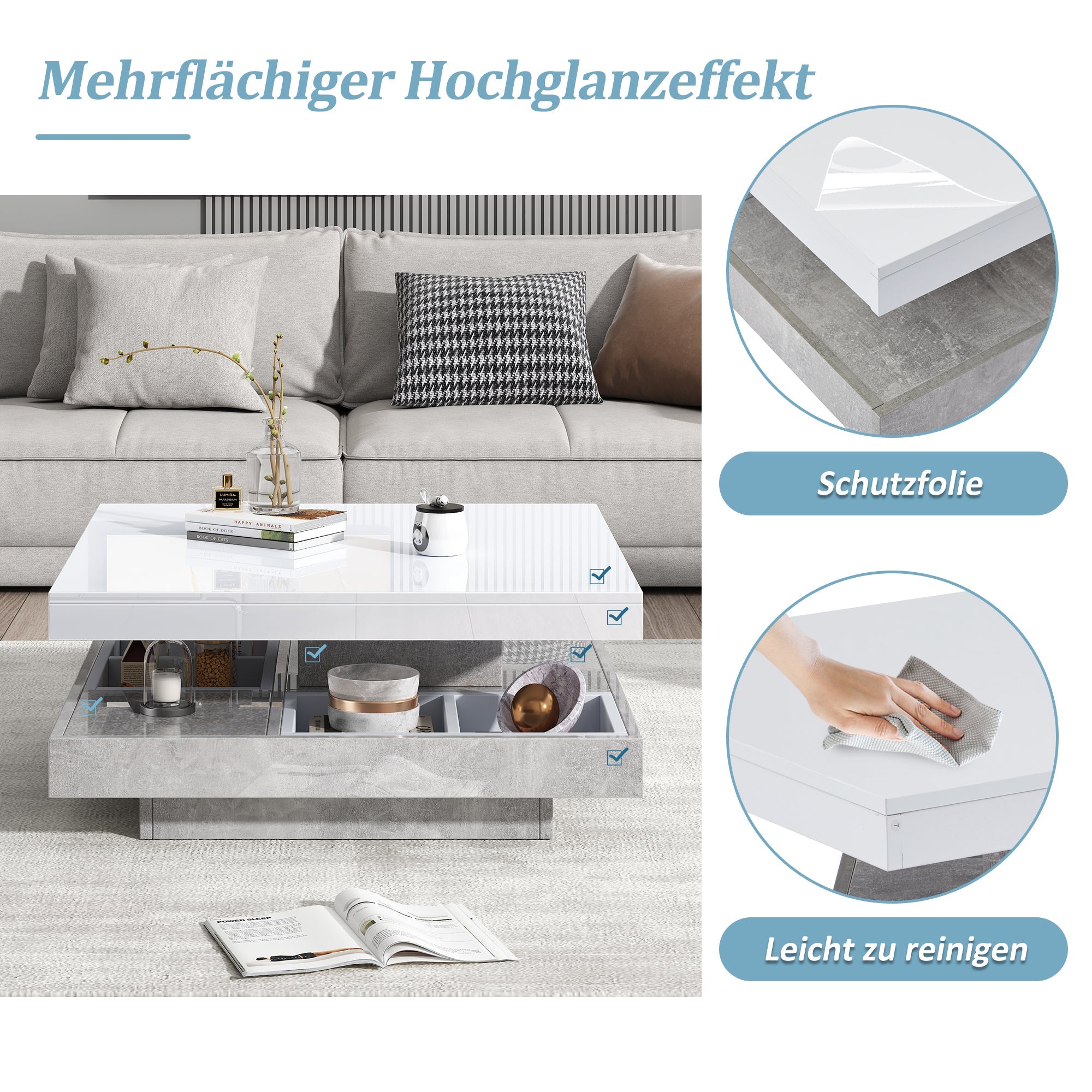 Logidon 360 graden draaibare salontafel 70x70x36 cm wit hoogglans