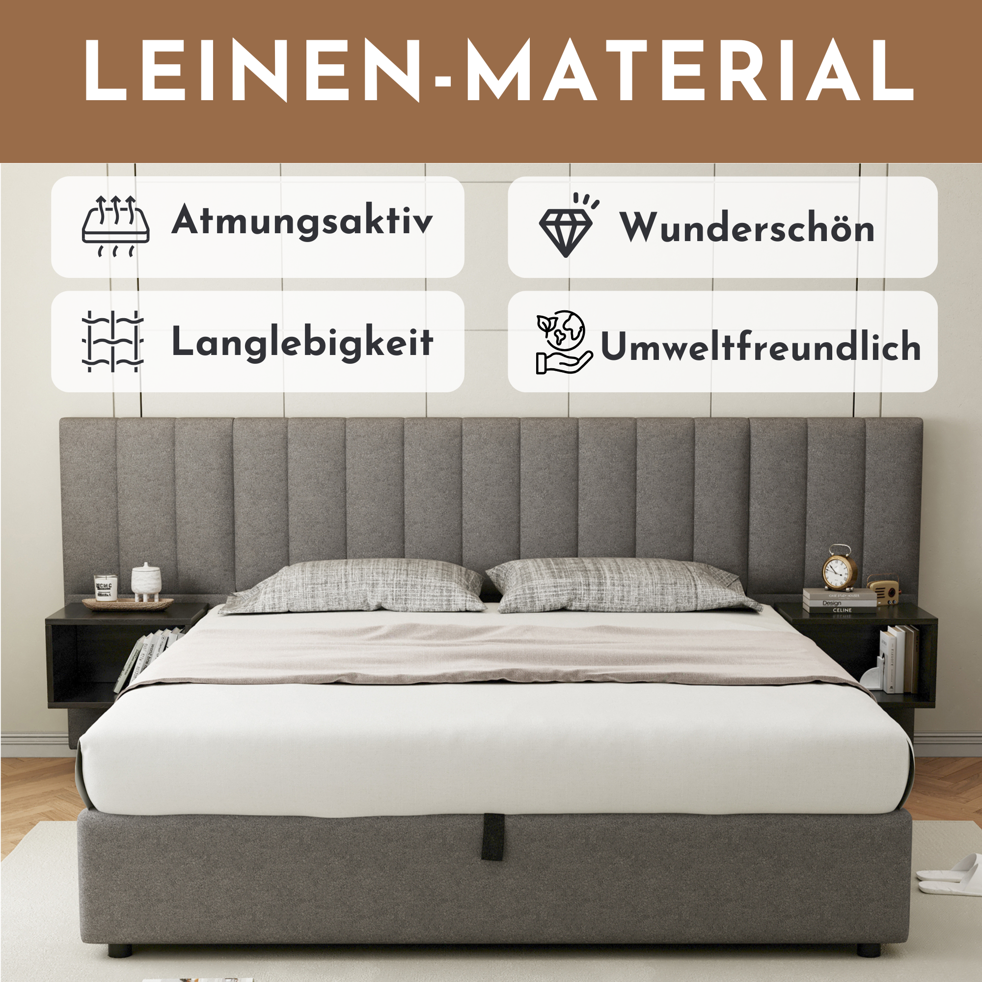 Logidon gestoffeerd bed 180x200 cm grijs zwart met twee nachtkastjes