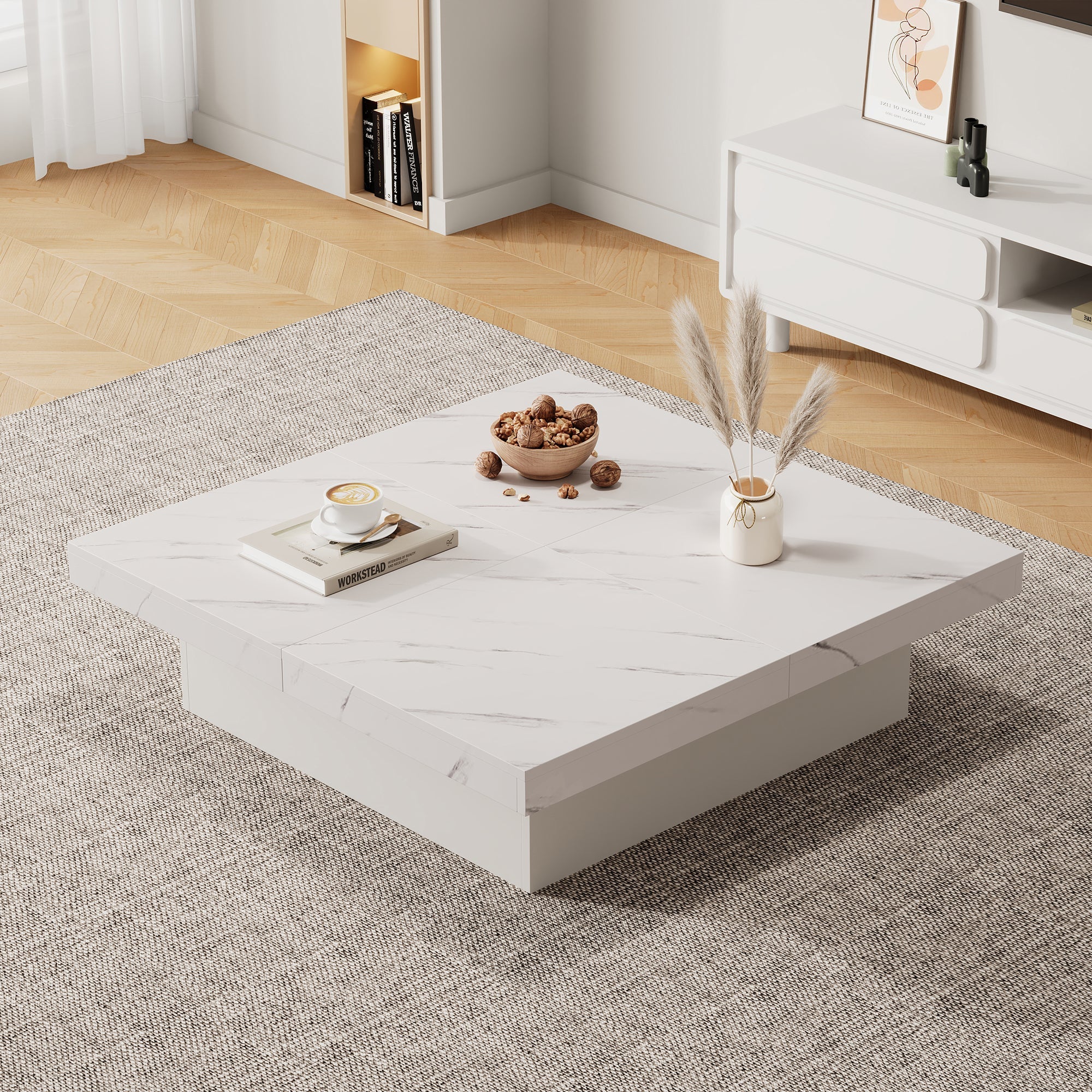 Logidon vierkante salontafel wit marmerlook 90x90x25 cm met lades