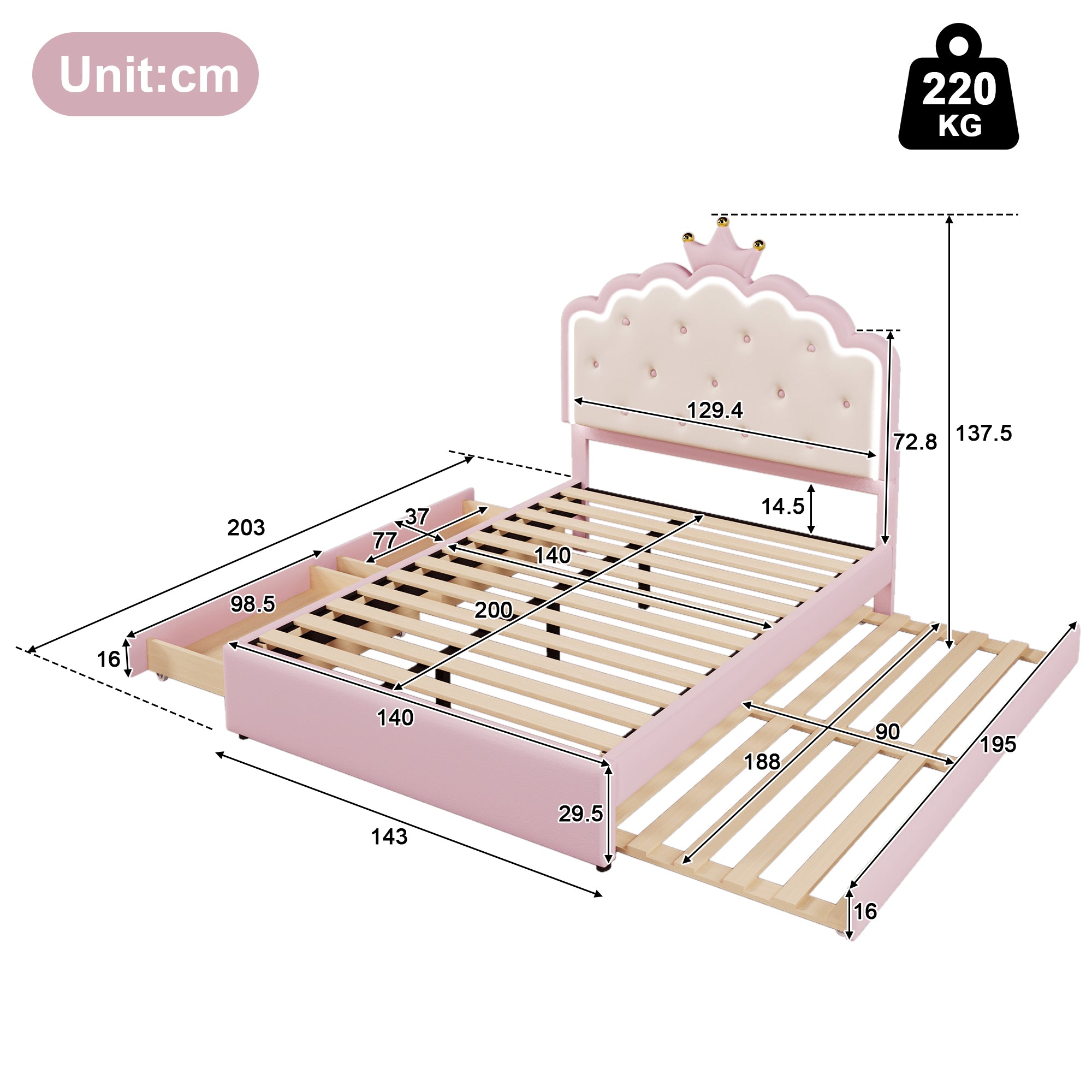Logidon gestoffeerd bed 140x200 roze met lattenbodem LED-verlichting