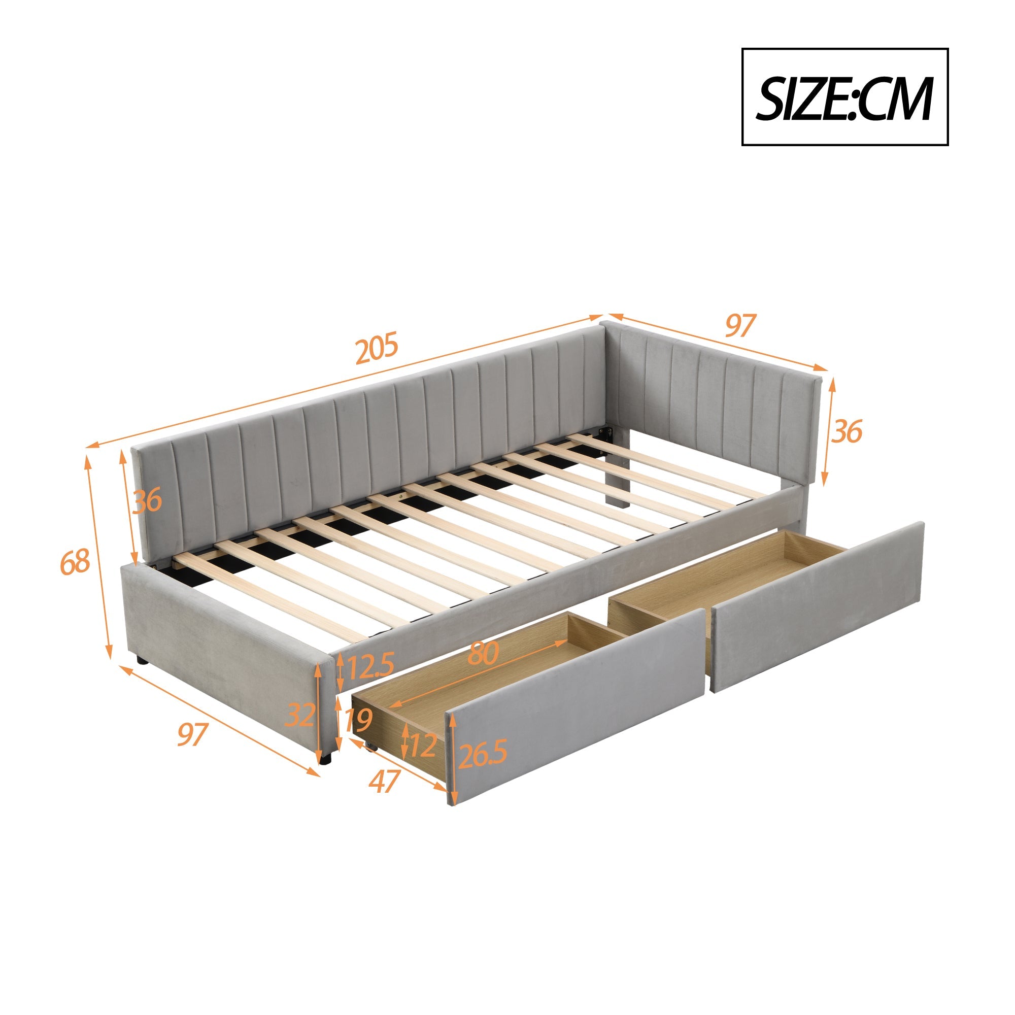 Logidon slaapbank 90x200 grijs met 2 grote opberglades