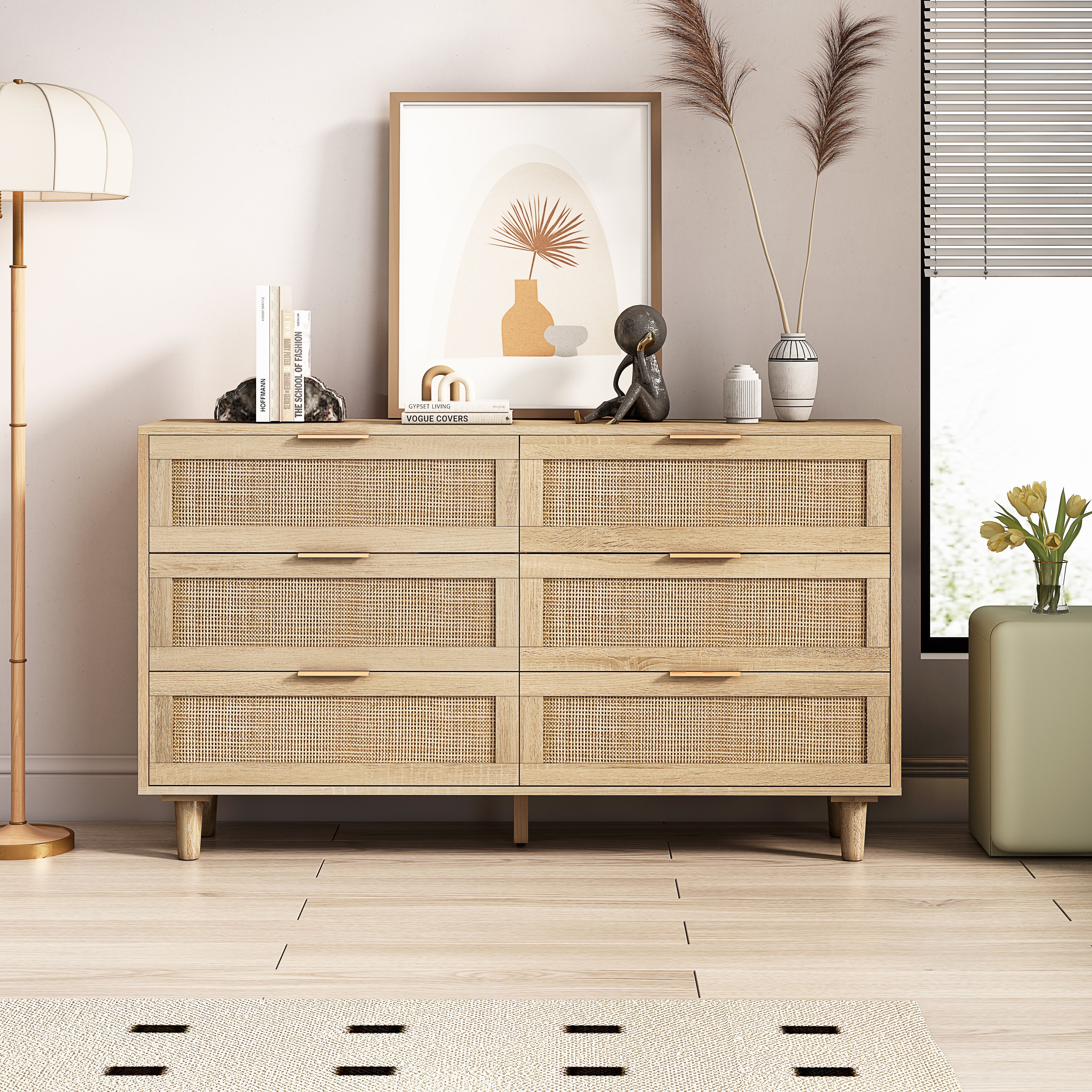 Logidon 130 cm rotan dressoir met 6 lades naturel rotan