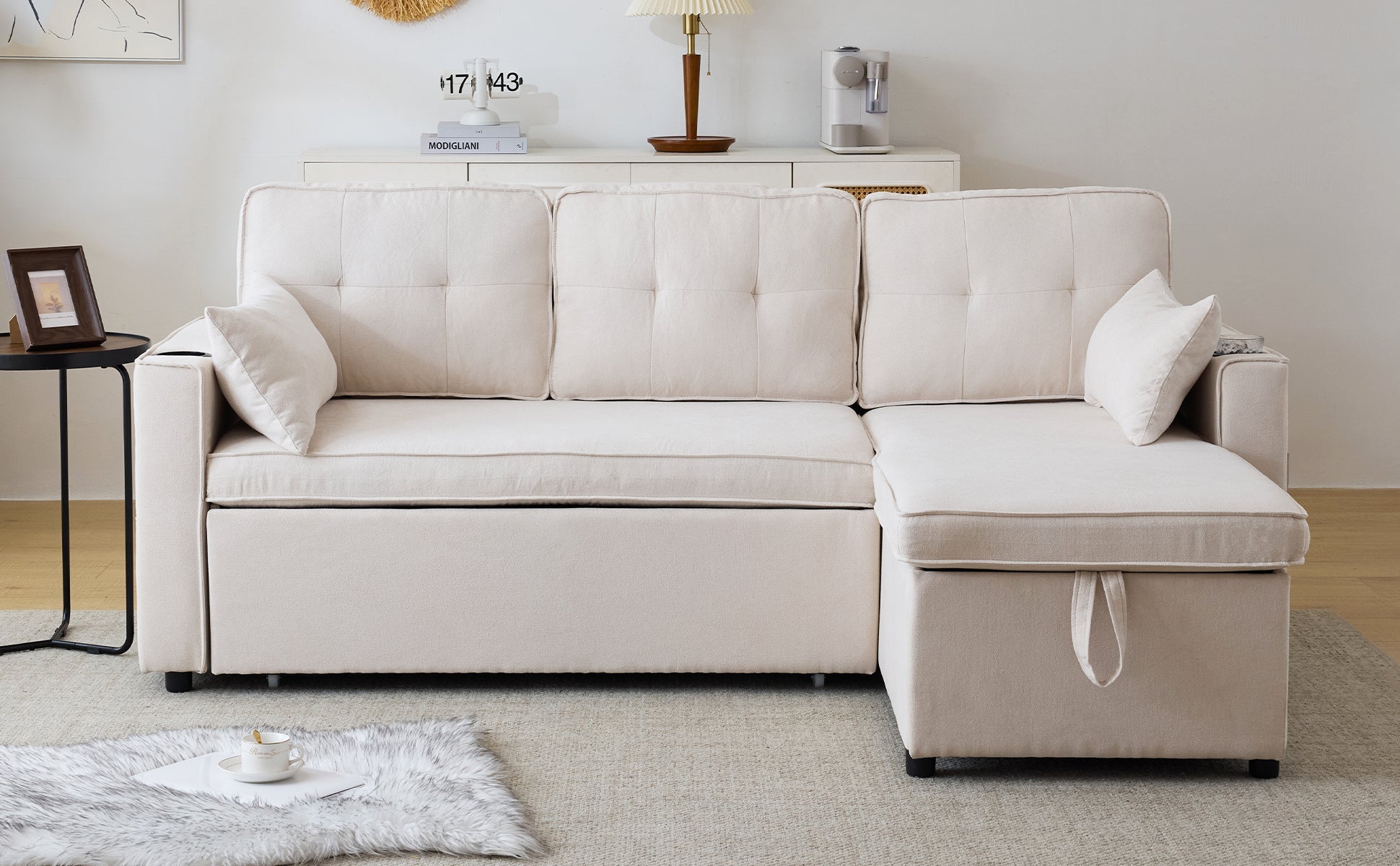 Logidon slaapbank L-vorm beige stof met opbergruimte en bekerhouder