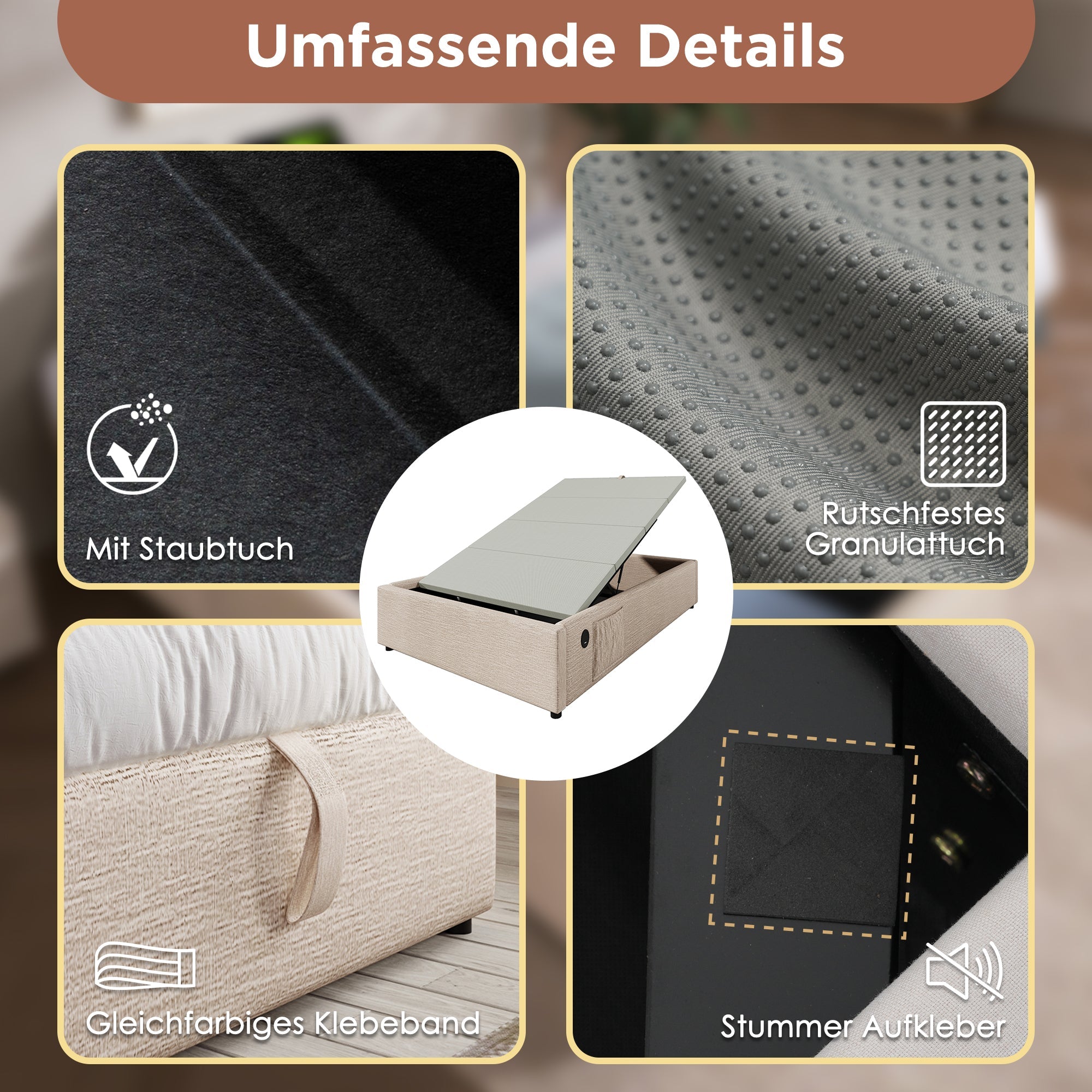 Logidon gestoffeerd bed 90x200 naturel linnen USB C opladen volledige lattenbodem