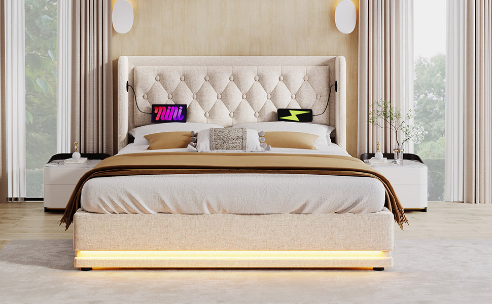 Logidon gestoffeerd bed 160x200 cm beige met USB Type C oplaadfunctie