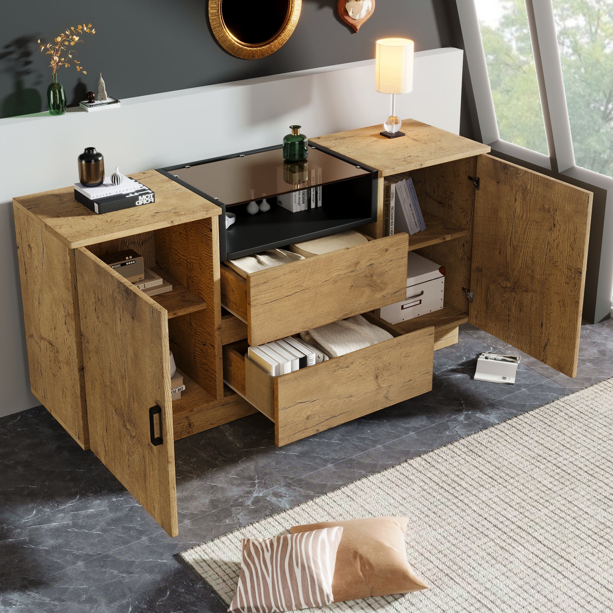 Logidon oak look chest of drawers sideboard 2 drawers 2 cupboards H70