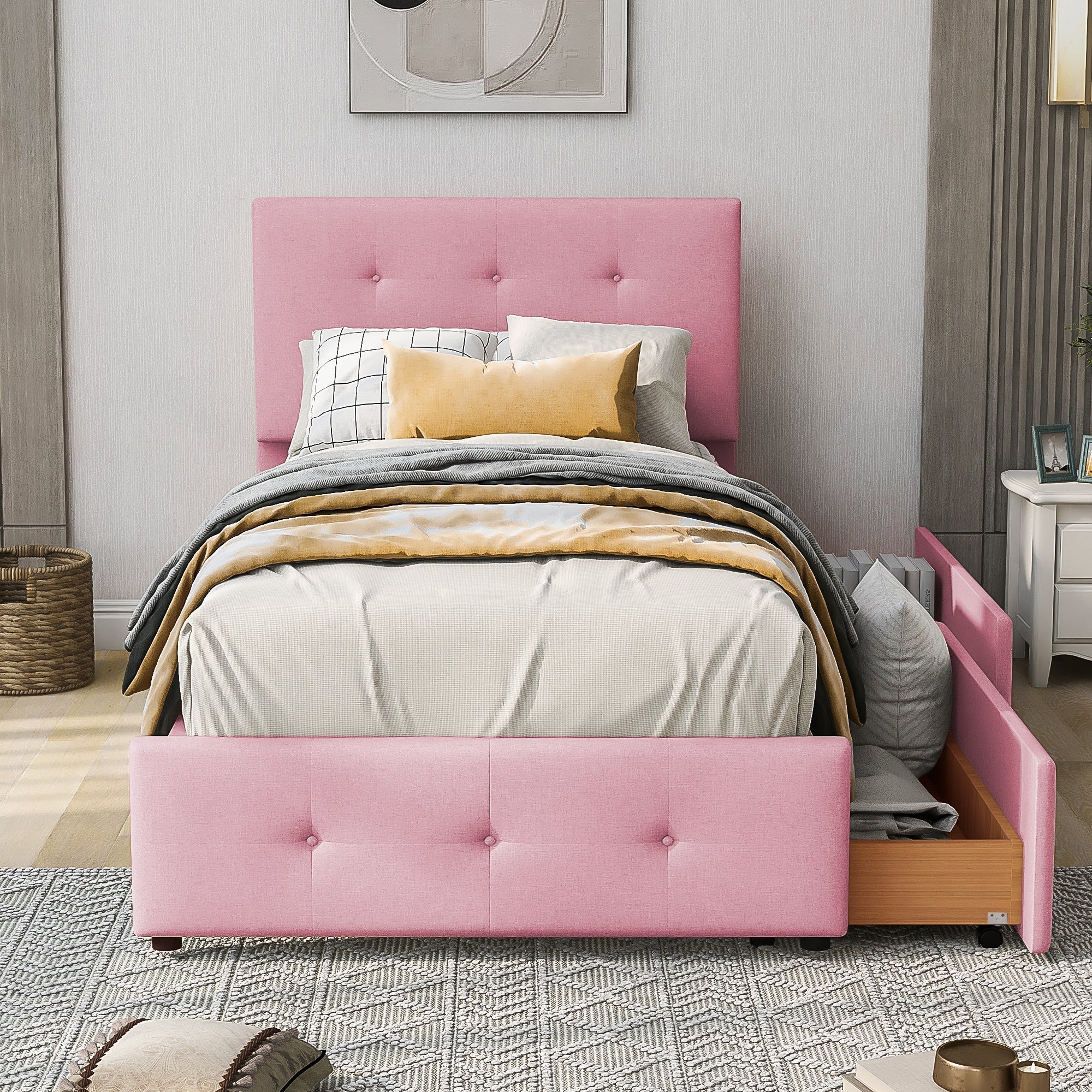 Logidon gestoffeerd bed 90x200 roze fluweel met lattenbodem twee lades