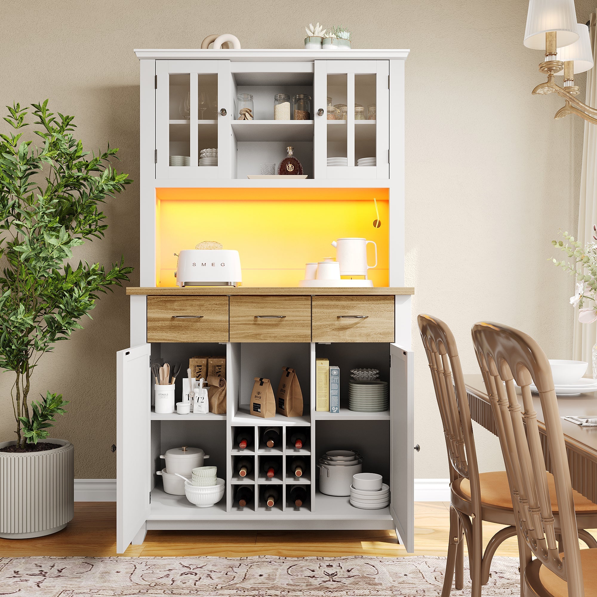 Logidon keukenkast vitrinekast 106x40x179cm met LED licht naturel wit
