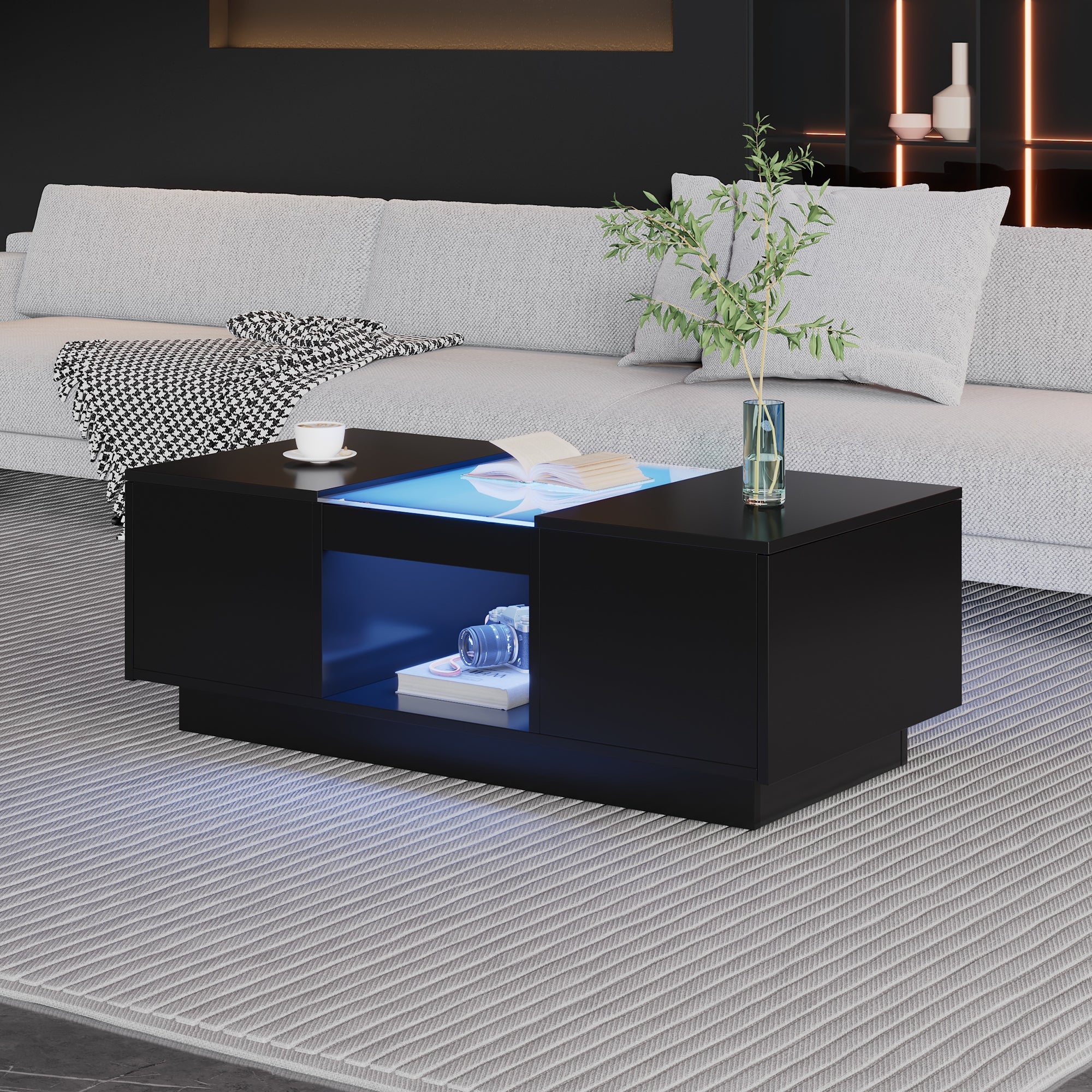 Logidon Zwarte salontafel 100x50x35,5 cm glaspanelen LED