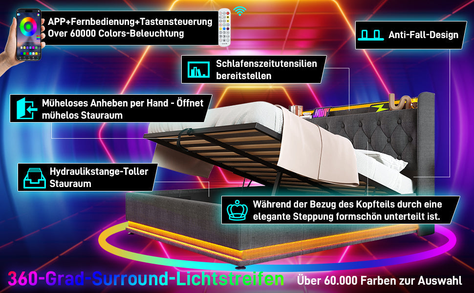 Logidon gestoffeerd bed tweepersoonsbed 160x200 grijs linnen 360 surround LED