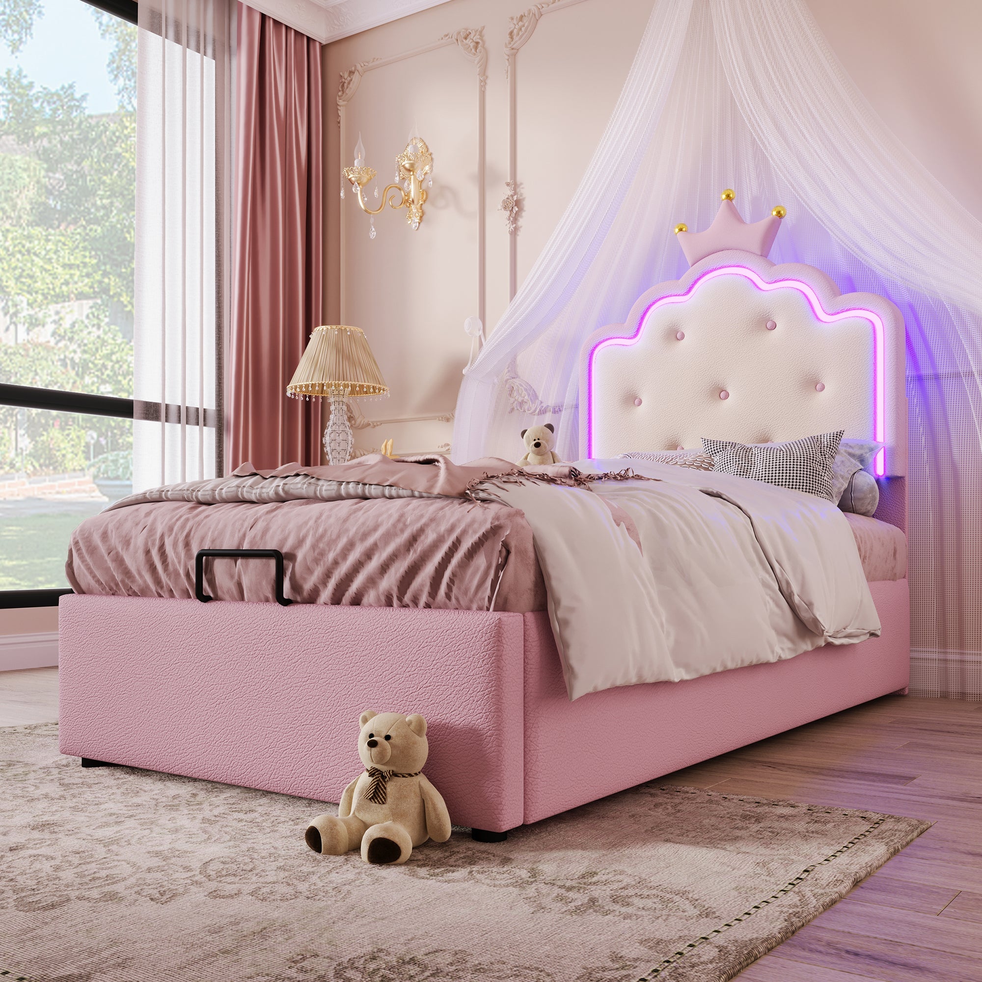Logidon gestoffeerd bed 90x200 roze met sfeerlicht en opbergruimte