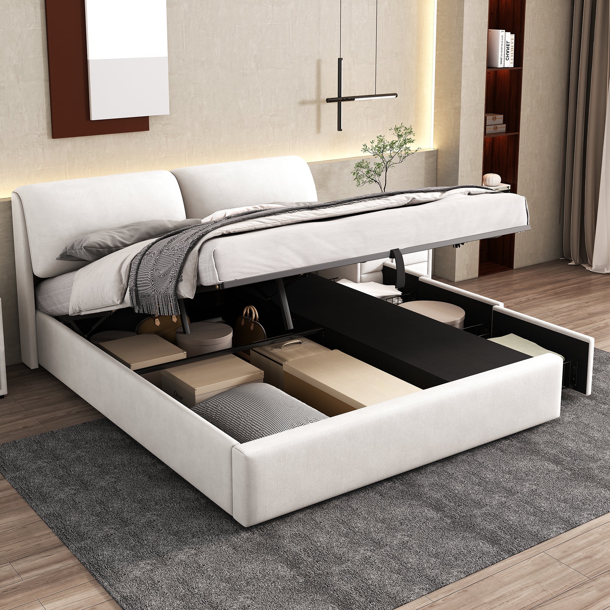 Logidon gestoffeerd bed 180x200 beige fluweel met bedkast en drie lades