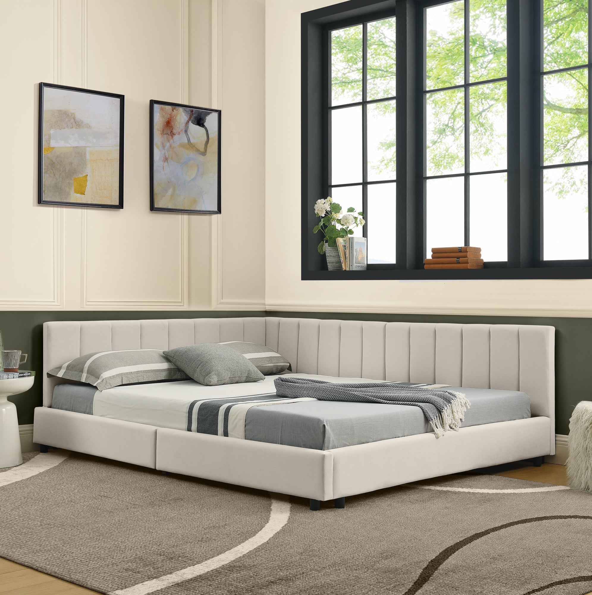Logidon tweepersoonsbed 160x200 cm beige fluwelen oppervlak hoge rugleuning