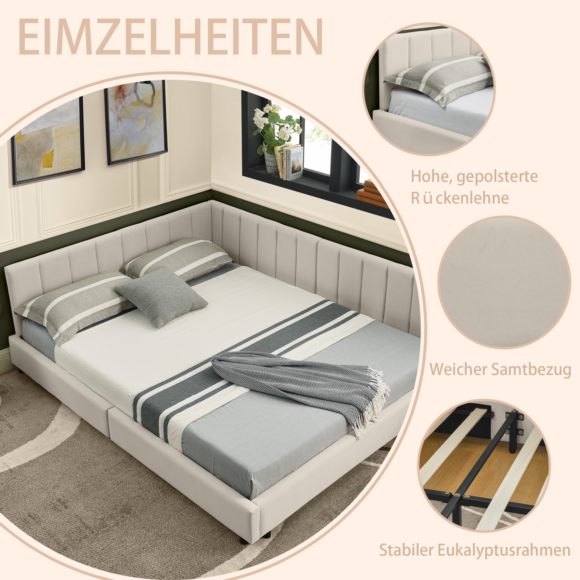 Logidon tweepersoonsbed 160x200 cm beige fluwelen oppervlak hoge rugleuning