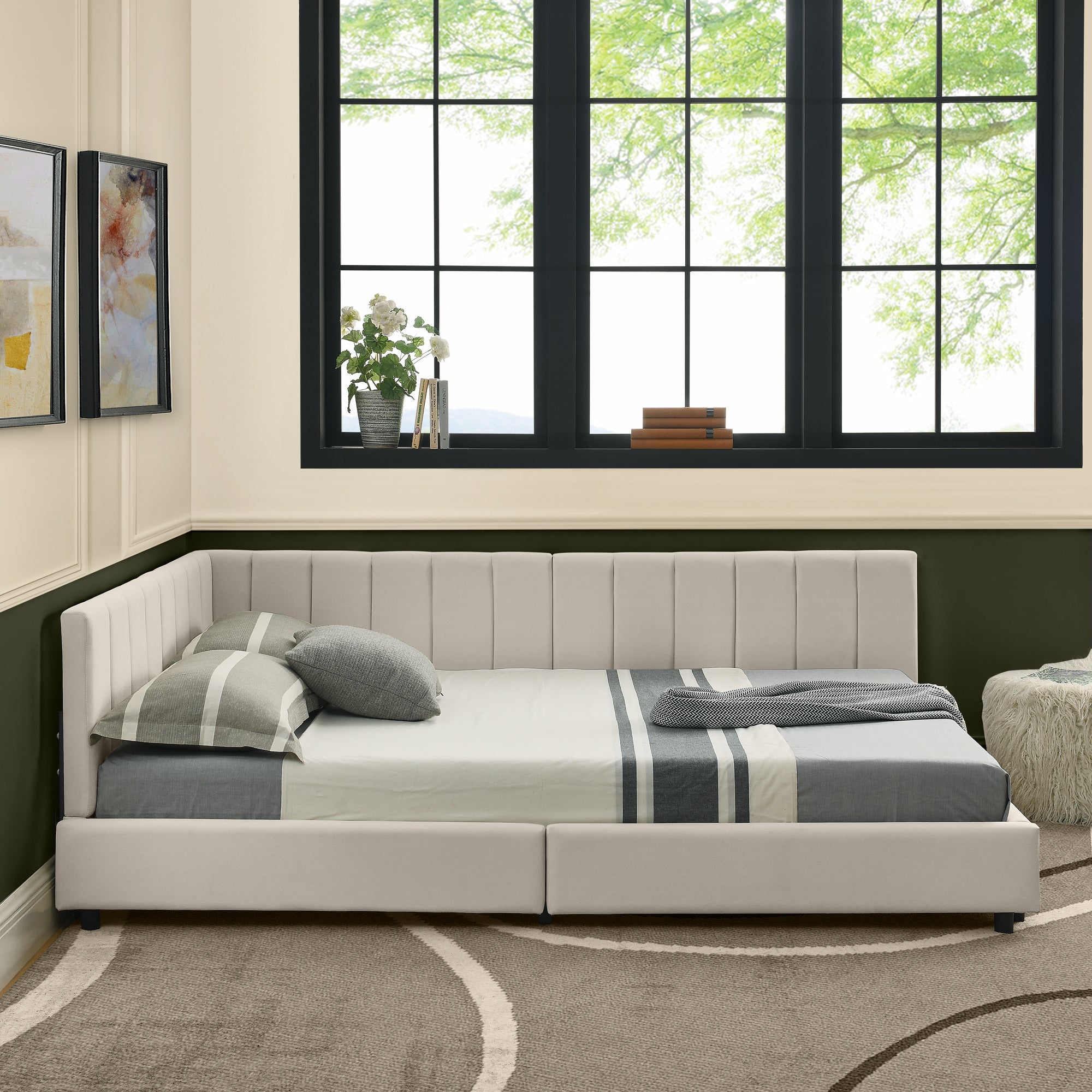 Logidon tweepersoonsbed 160x200 cm beige fluwelen oppervlak hoge rugleuning