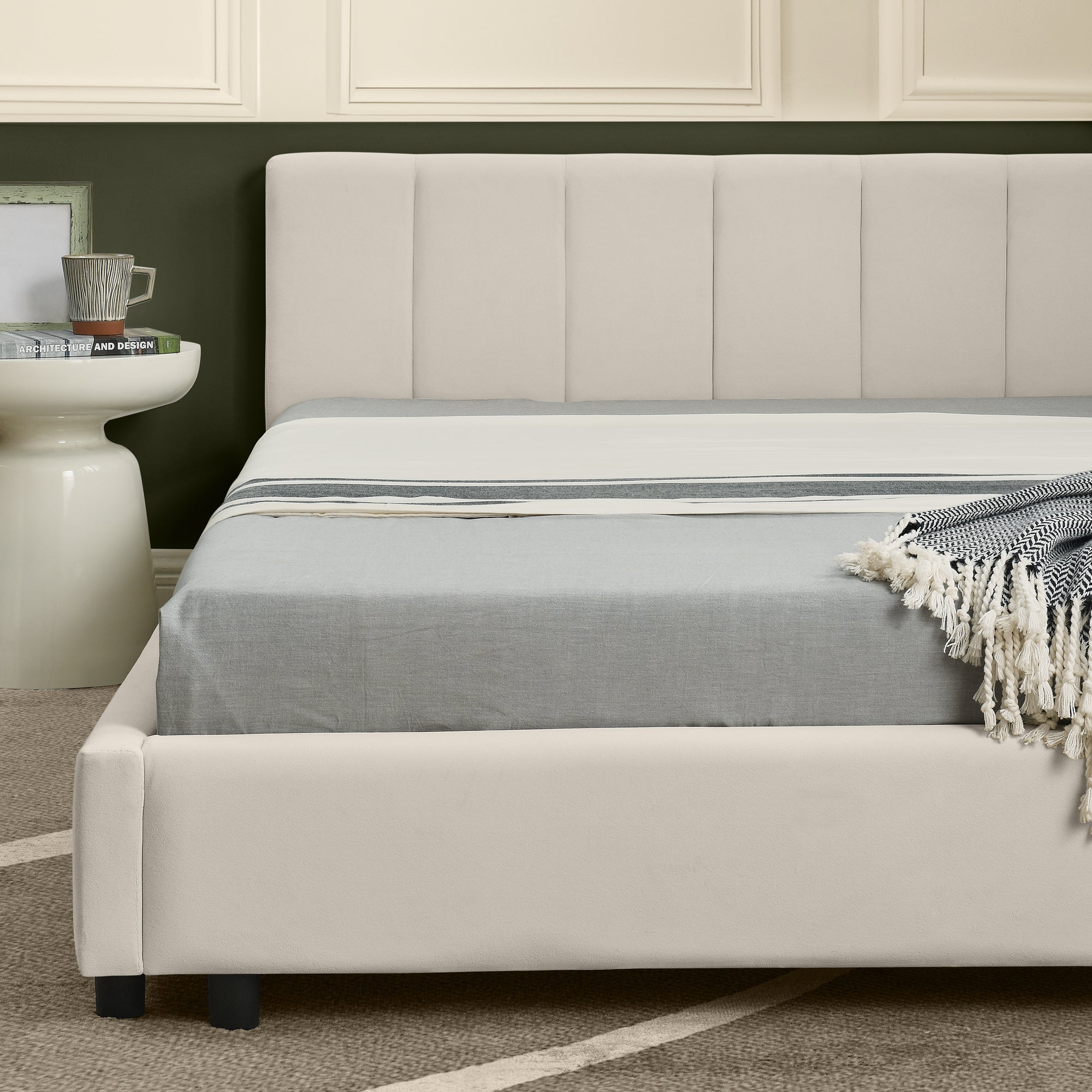 Logidon tweepersoonsbed 160x200 cm beige fluwelen oppervlak hoge rugleuning