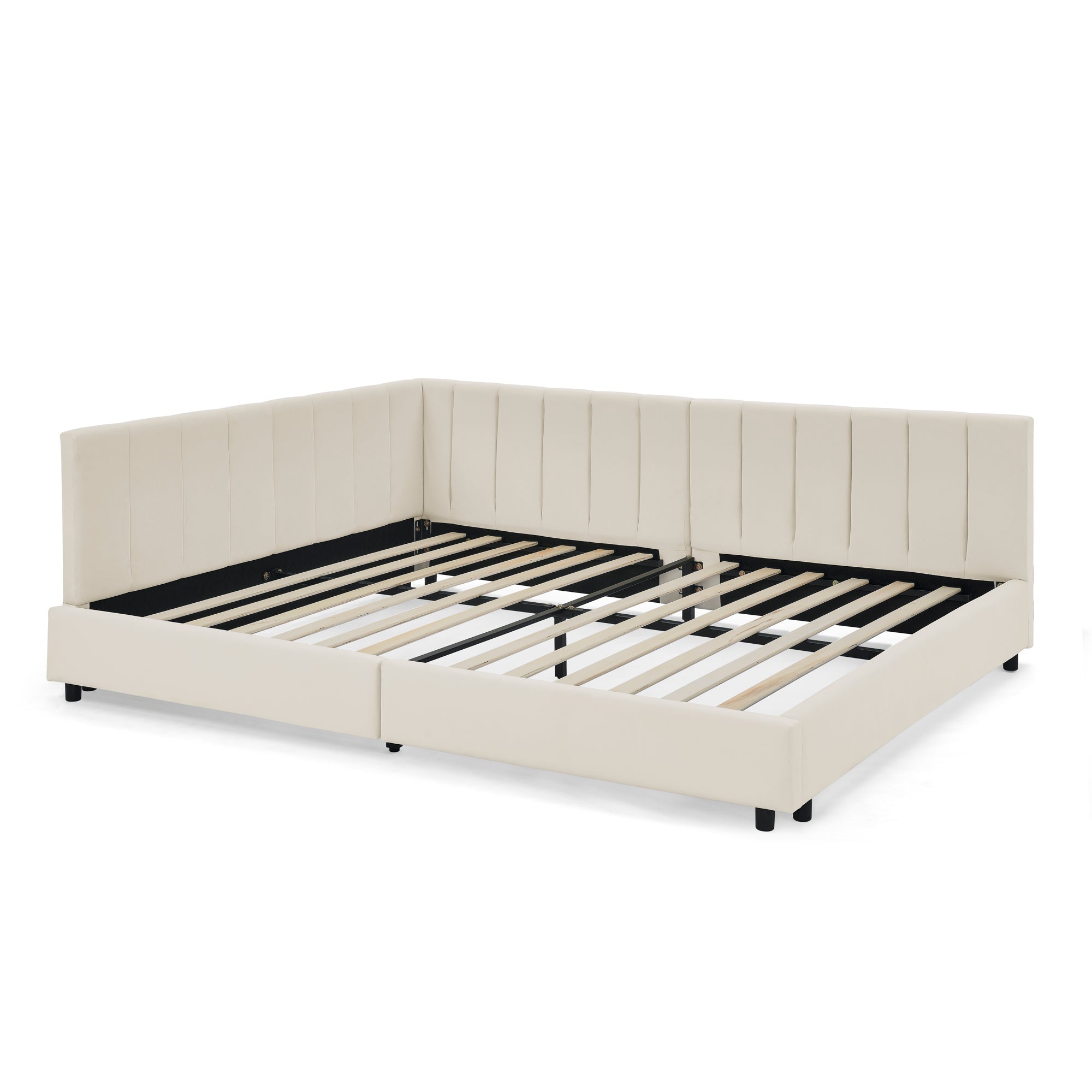Logidon tweepersoonsbed 160x200 cm beige fluwelen oppervlak hoge rugleuning