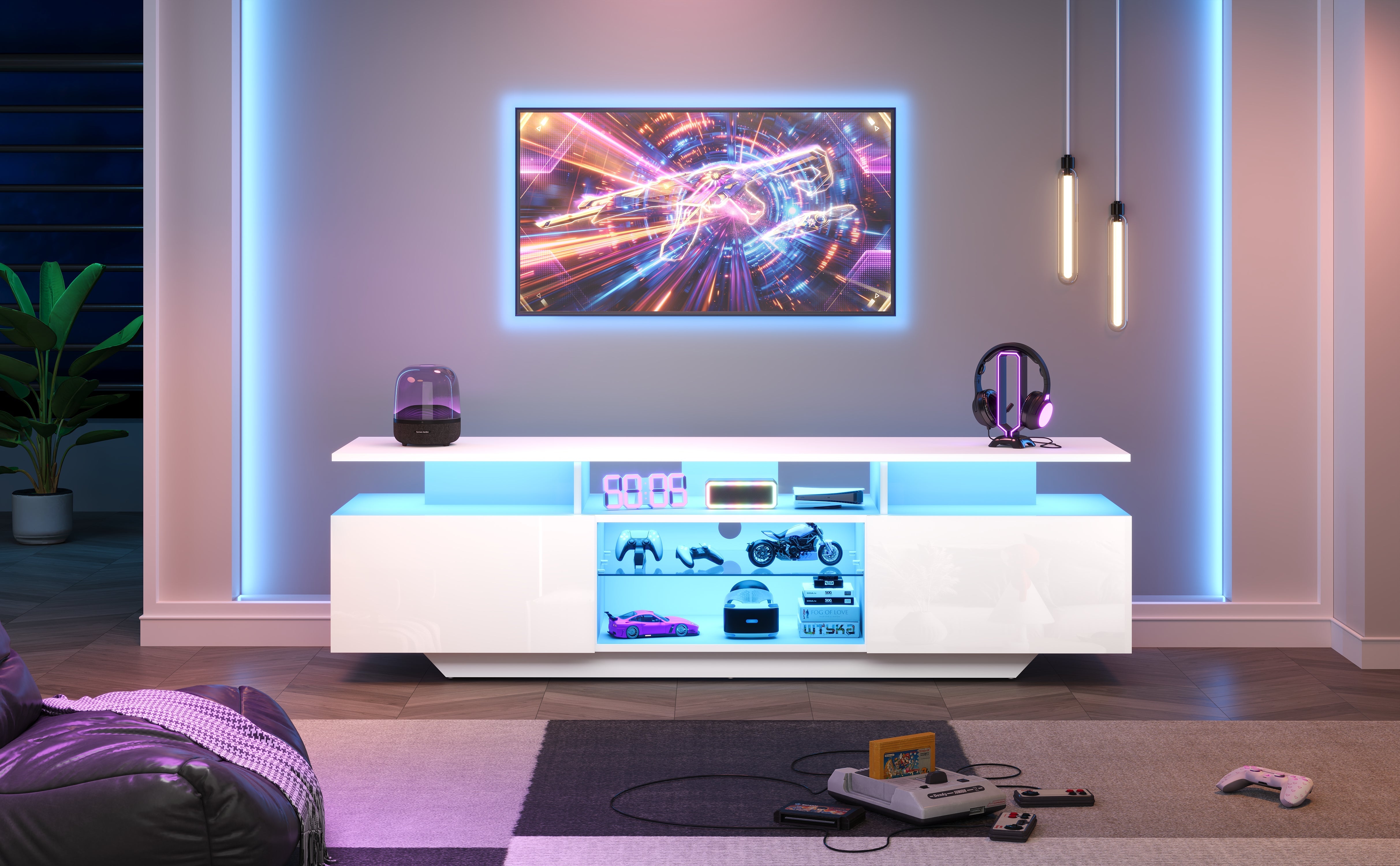 Logidon TV-meubel hoogglans wit 160 x 40 x 45 cm met LED lichtstrip glasplanken