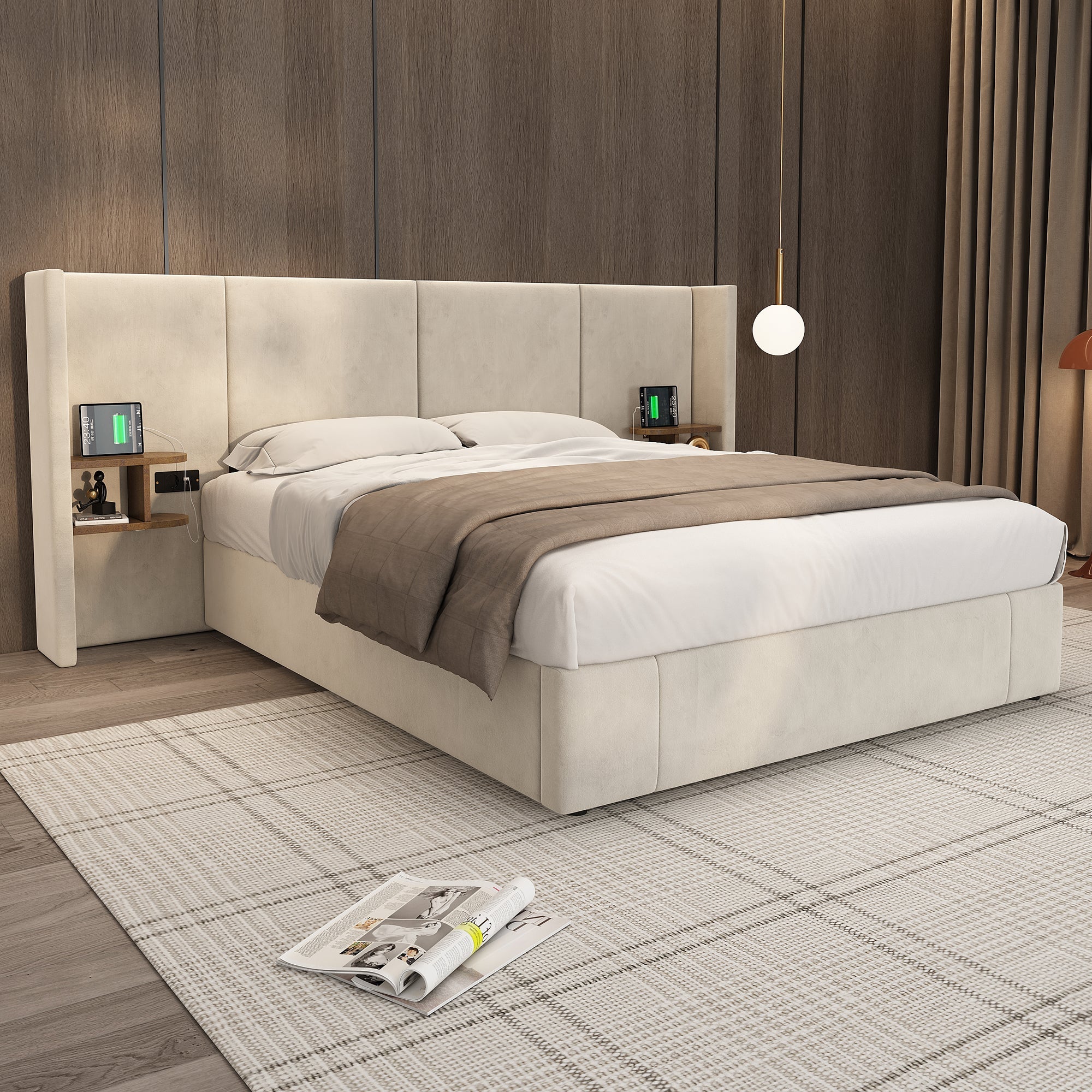 Logidon gestoffeerd bed 160x200 beige fluweel met USB-aansluitingen opbergruimte