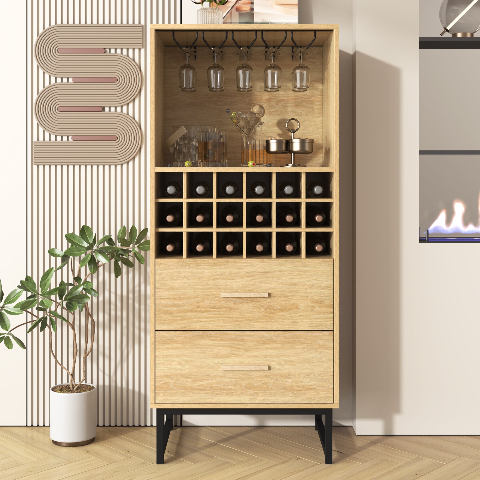 Logidon wijnkast dressoir houtlook 60x39,5x141 cm 18 vakken