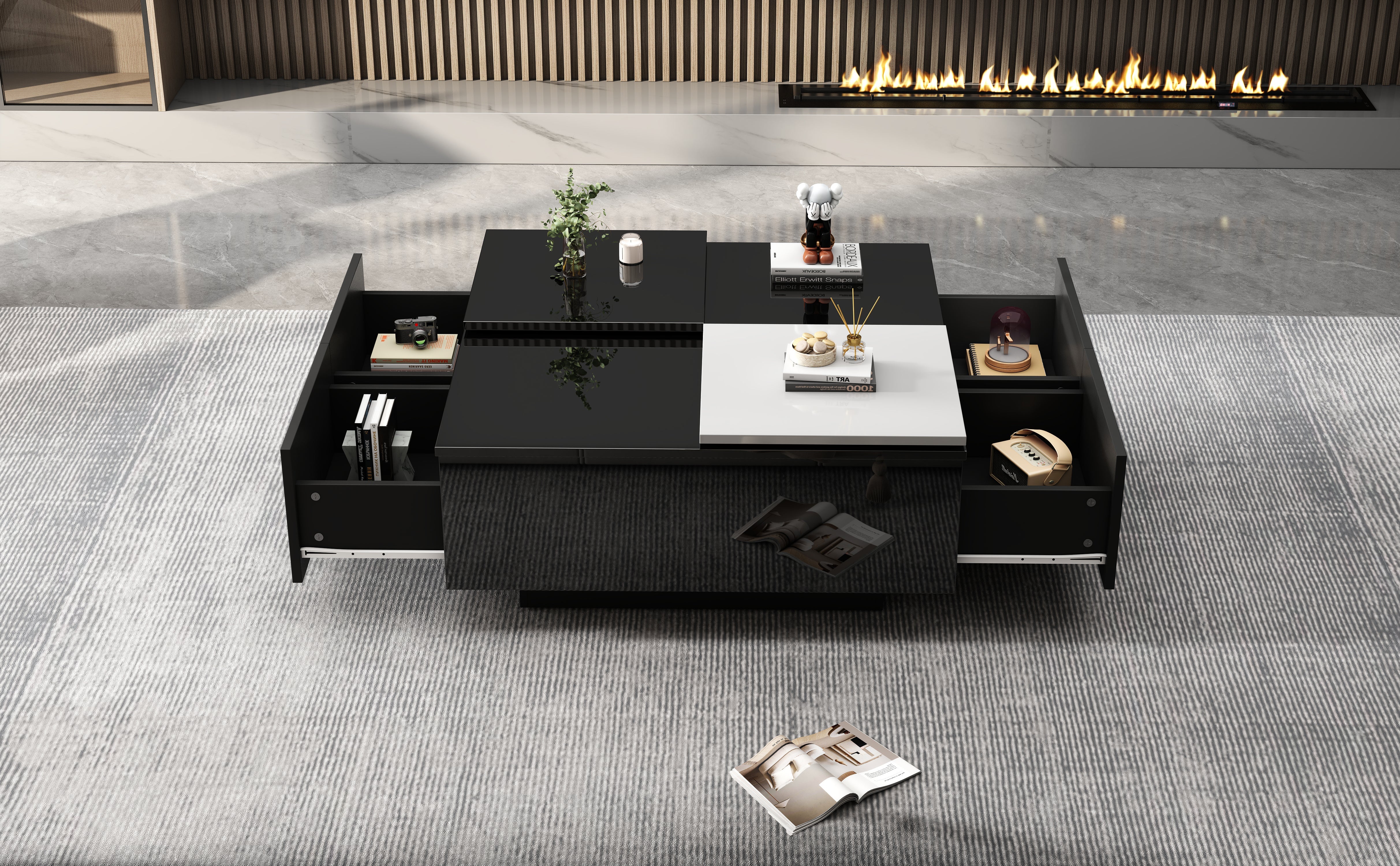 Logidon Hoogglans Salontafel Zwart Wit 75x75 Cm Met 4 Laden