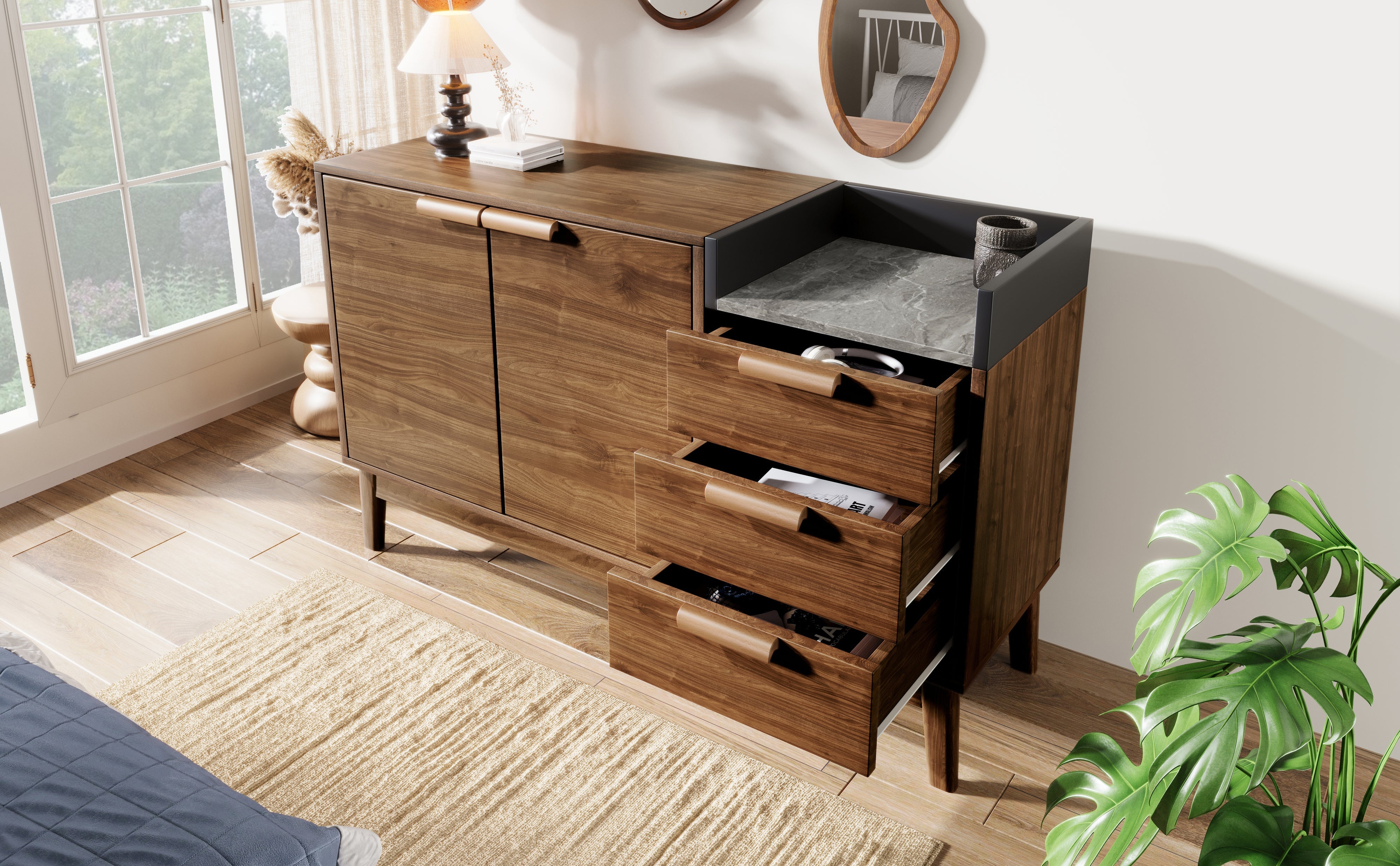 Logidon woonkamer ladekast eiken decor marmerlook blad 3 lades