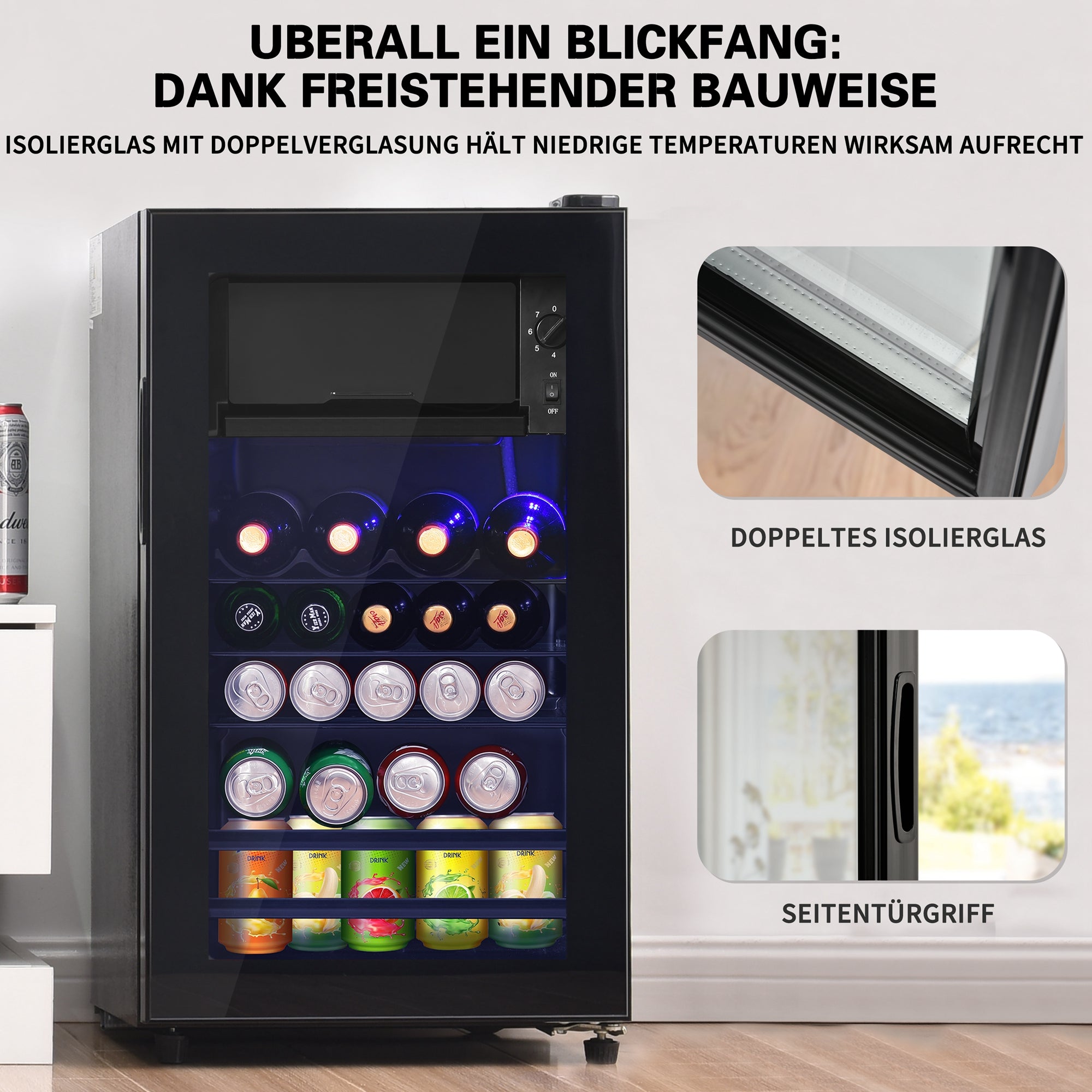 Logidon 76L minikoelkast Zwart 70L koelgedeelte, 6L vriesgedeelte, LED