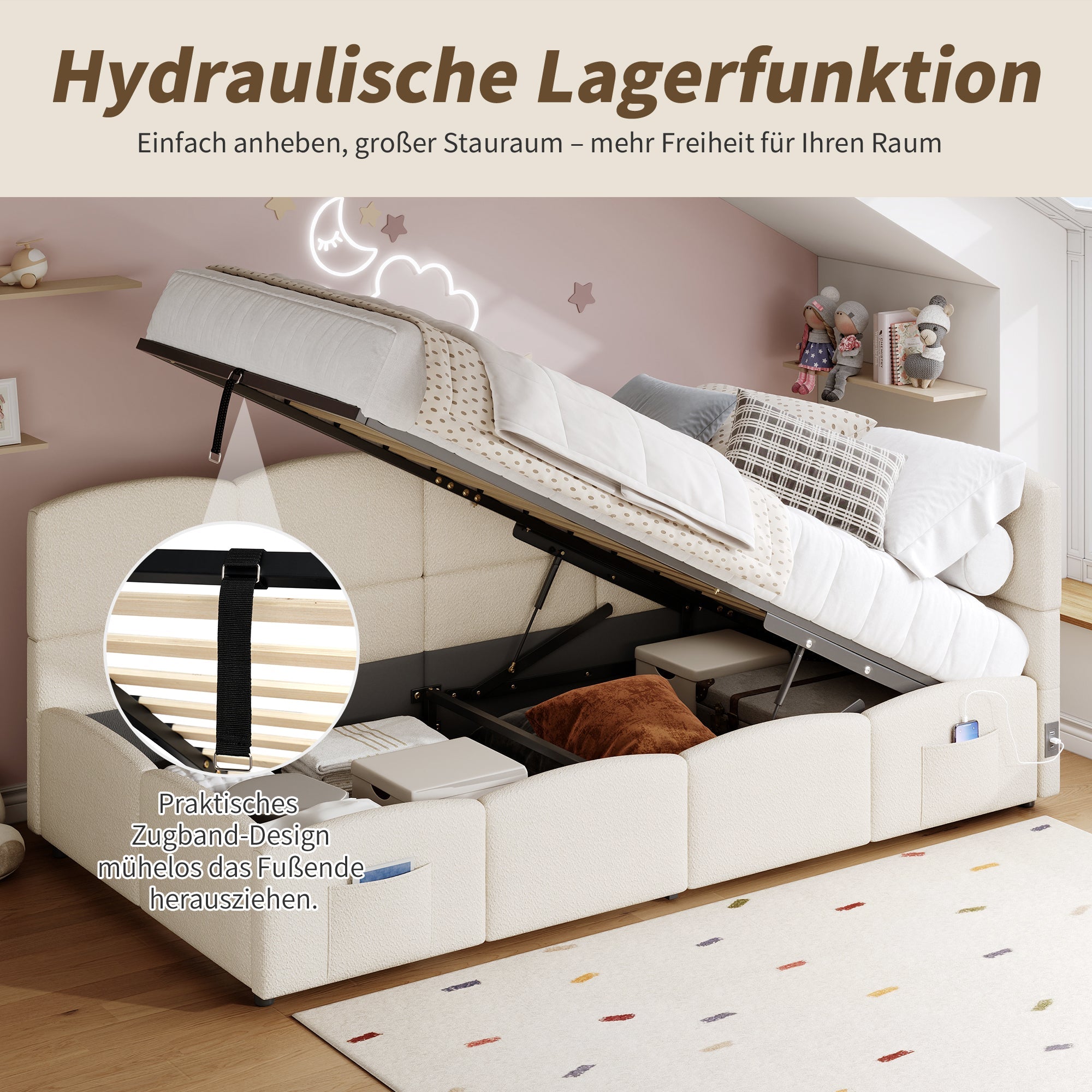 Logidon gestoffeerd bed 90x200 opbergbed slaapbank beige bouclé USB