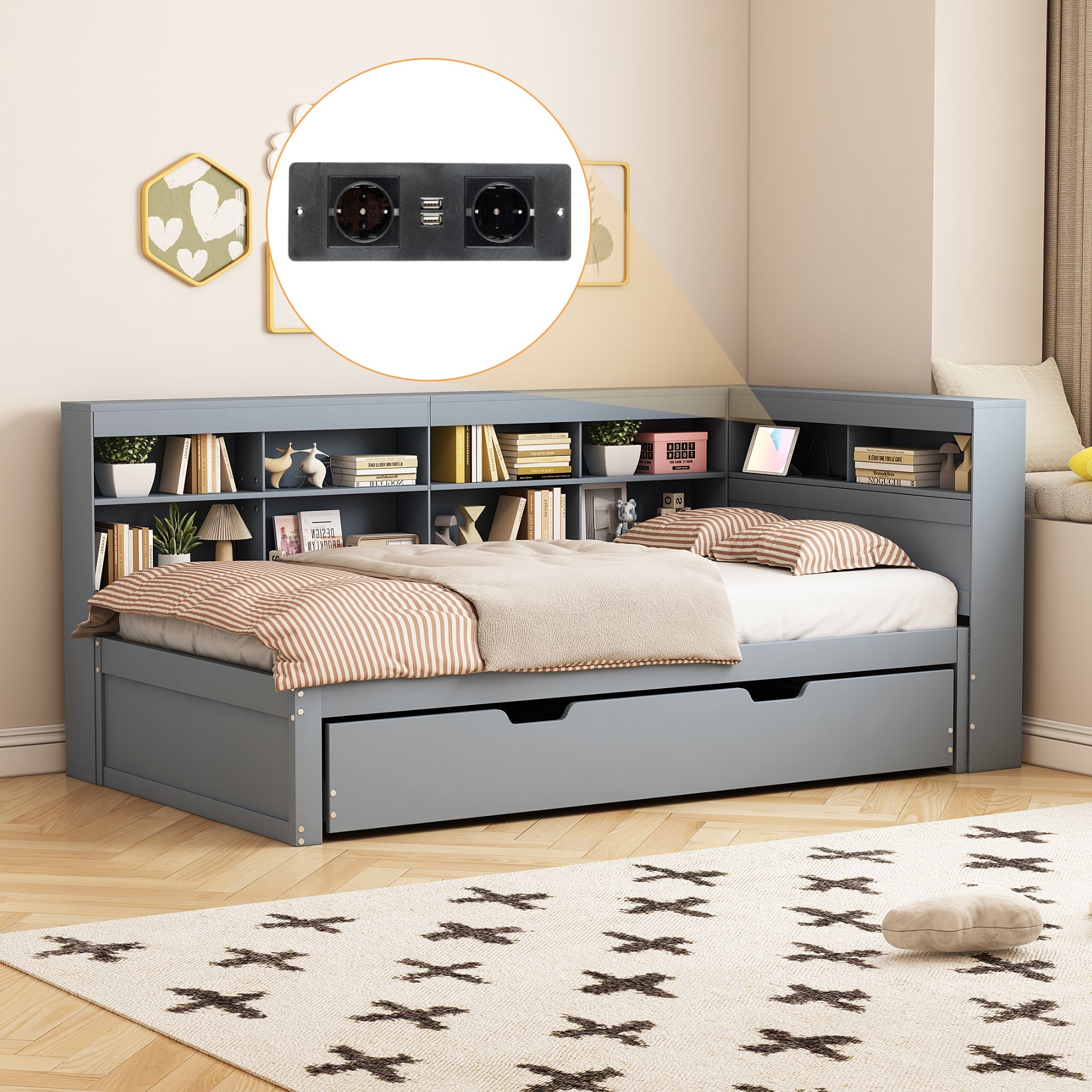Logidon slaapbank 90x200 cm, uitschuifbaar bed 90x190, grijs